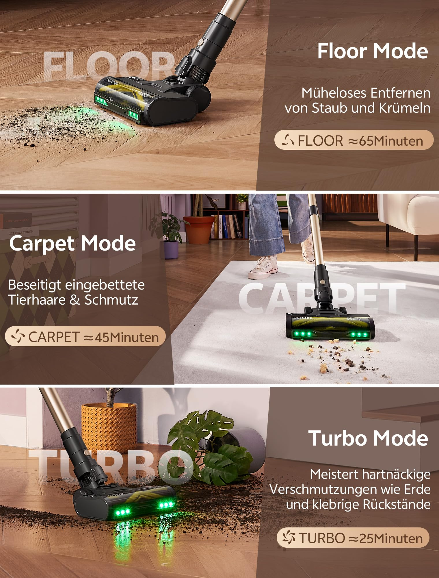 Aspirapolvere senza fili con modalità pavimento, tappeto e turbo per rimuovere sporco e peli.
