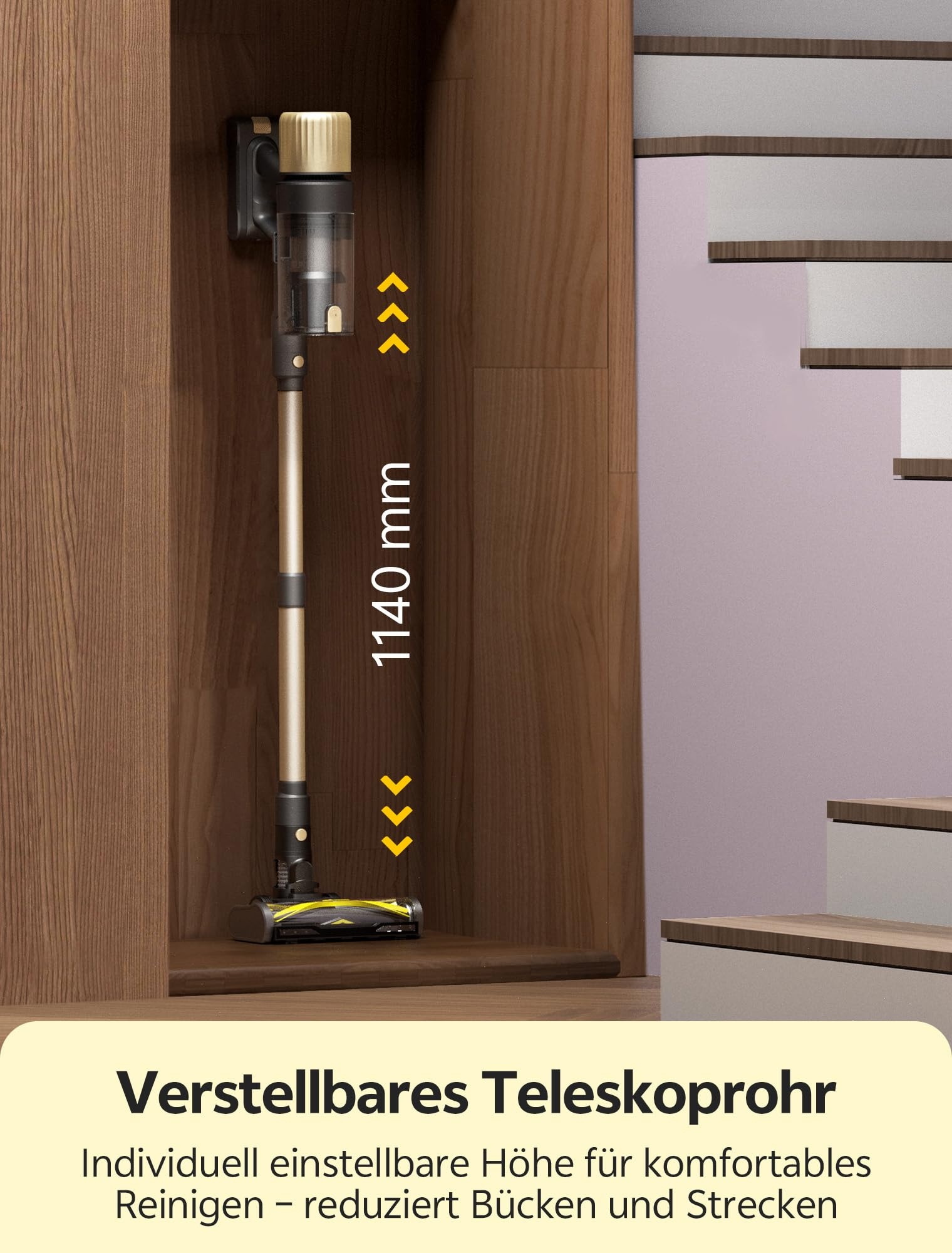 Un aspirapolvere senza fili su una parete in legno con indicazione di altezza di 1140 mm e scale vicine.