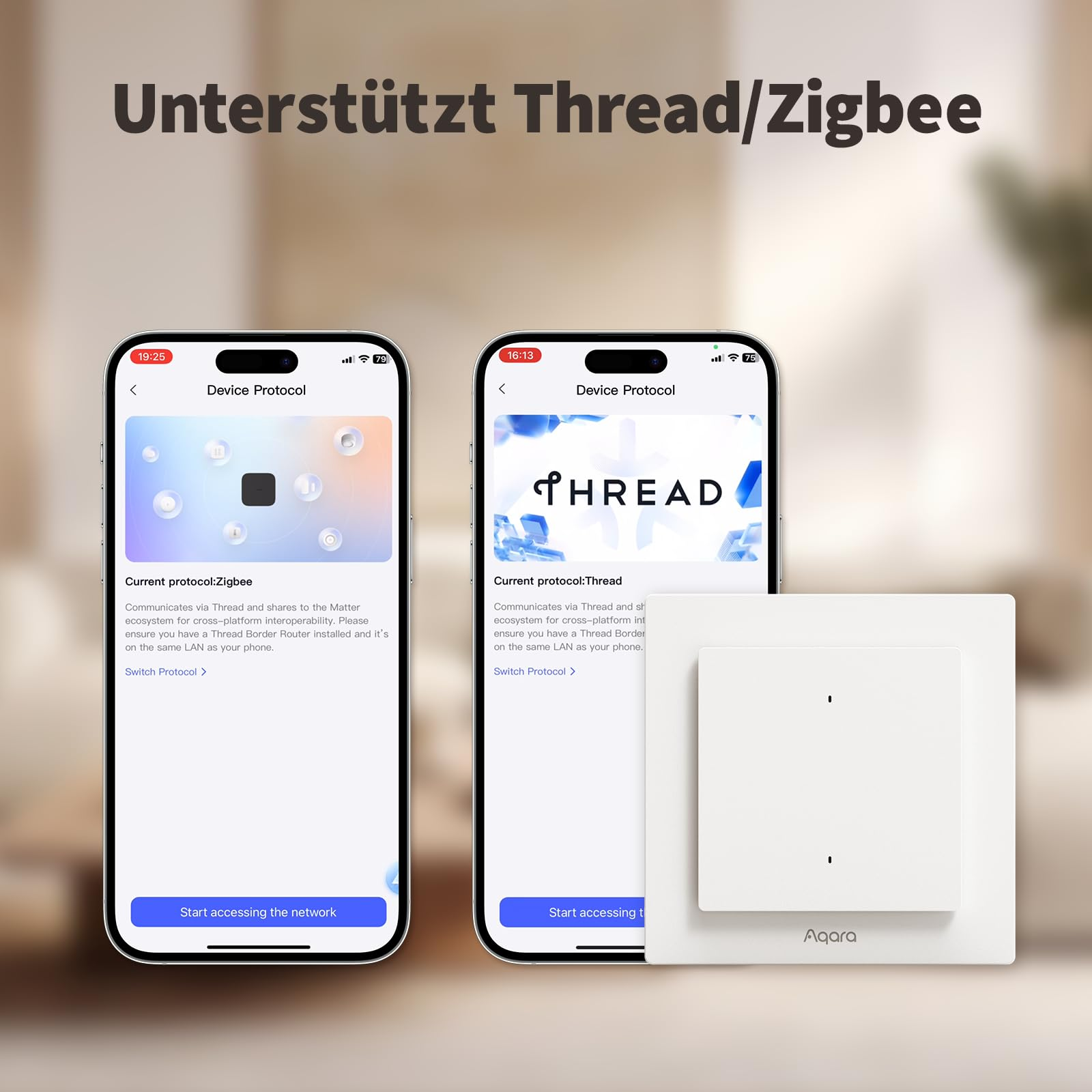 Due smartphone mostrano l'app Aqara con protocolli Zigbee e Thread, accompagnati da un interruttore bianco.