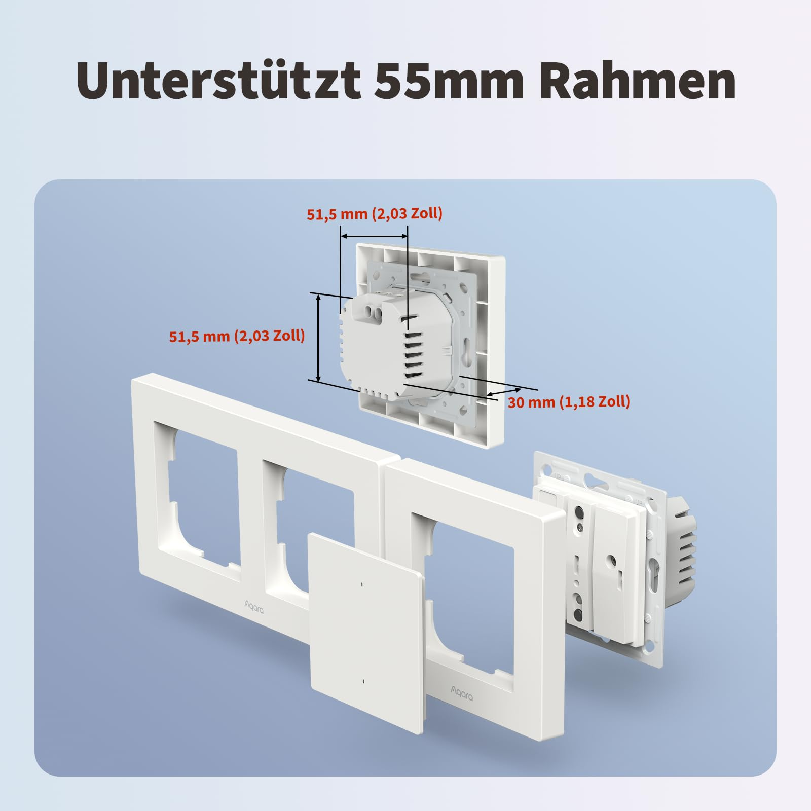Disegno tecnico di un interruttore bianco con cornice da 55 mm e misure.