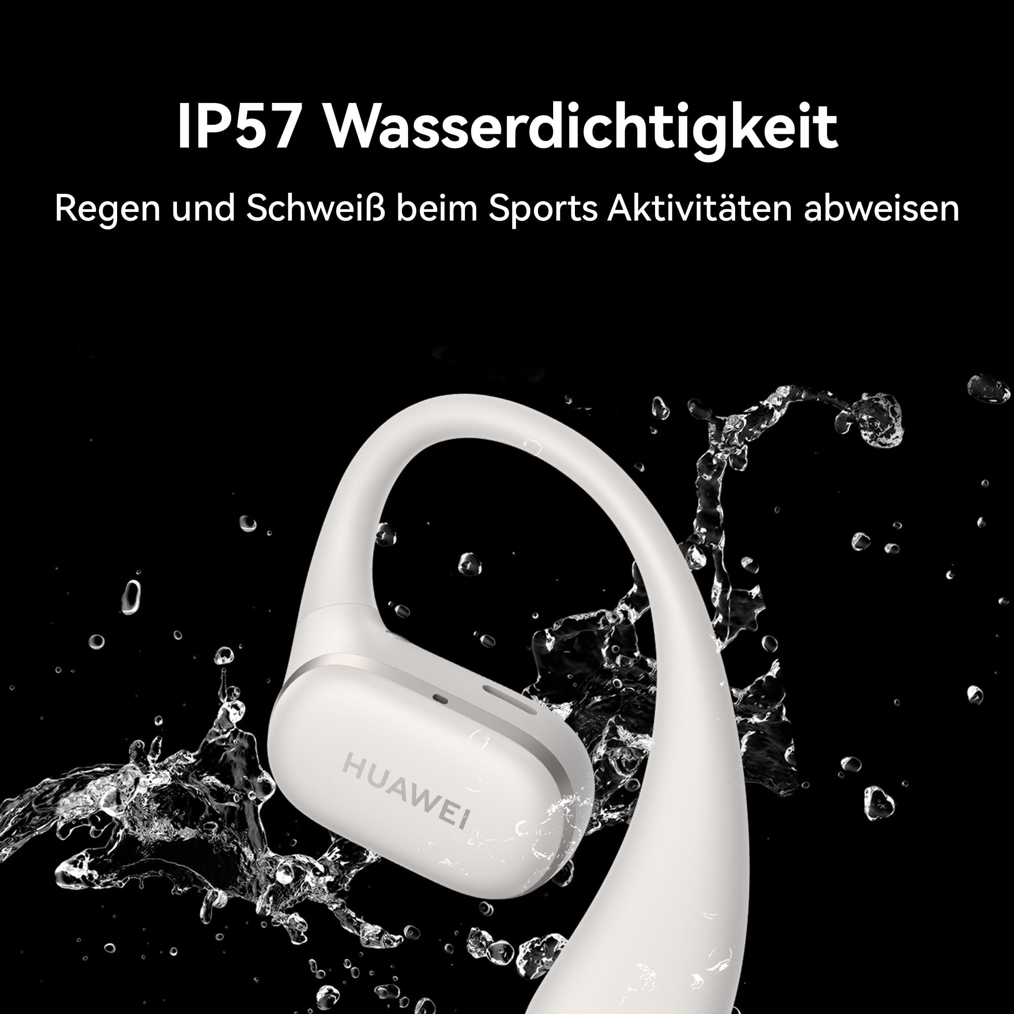 Wasserdichter Huawei-Ohrhörer mit IP57-Zertifizierung und Wasserspritzern vor schwarzem Hintergrund.