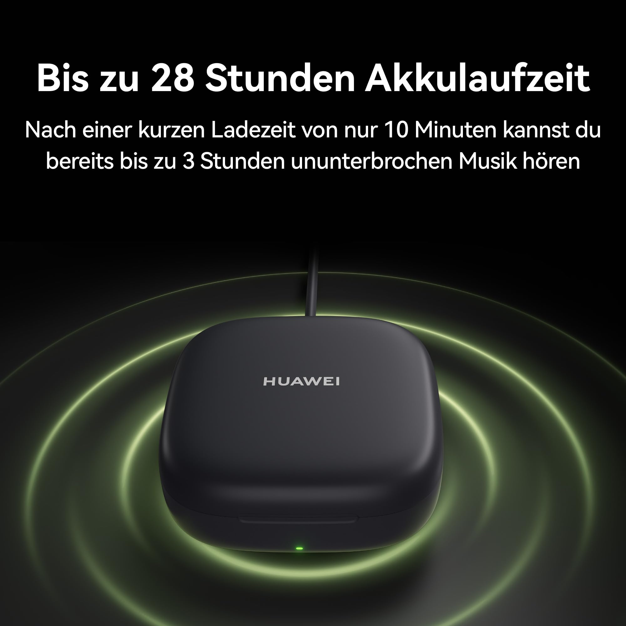Ein Huawei Ladecase auf dunklem Hintergrund mit grünem Licht und Text über die Batterielaufzeit.