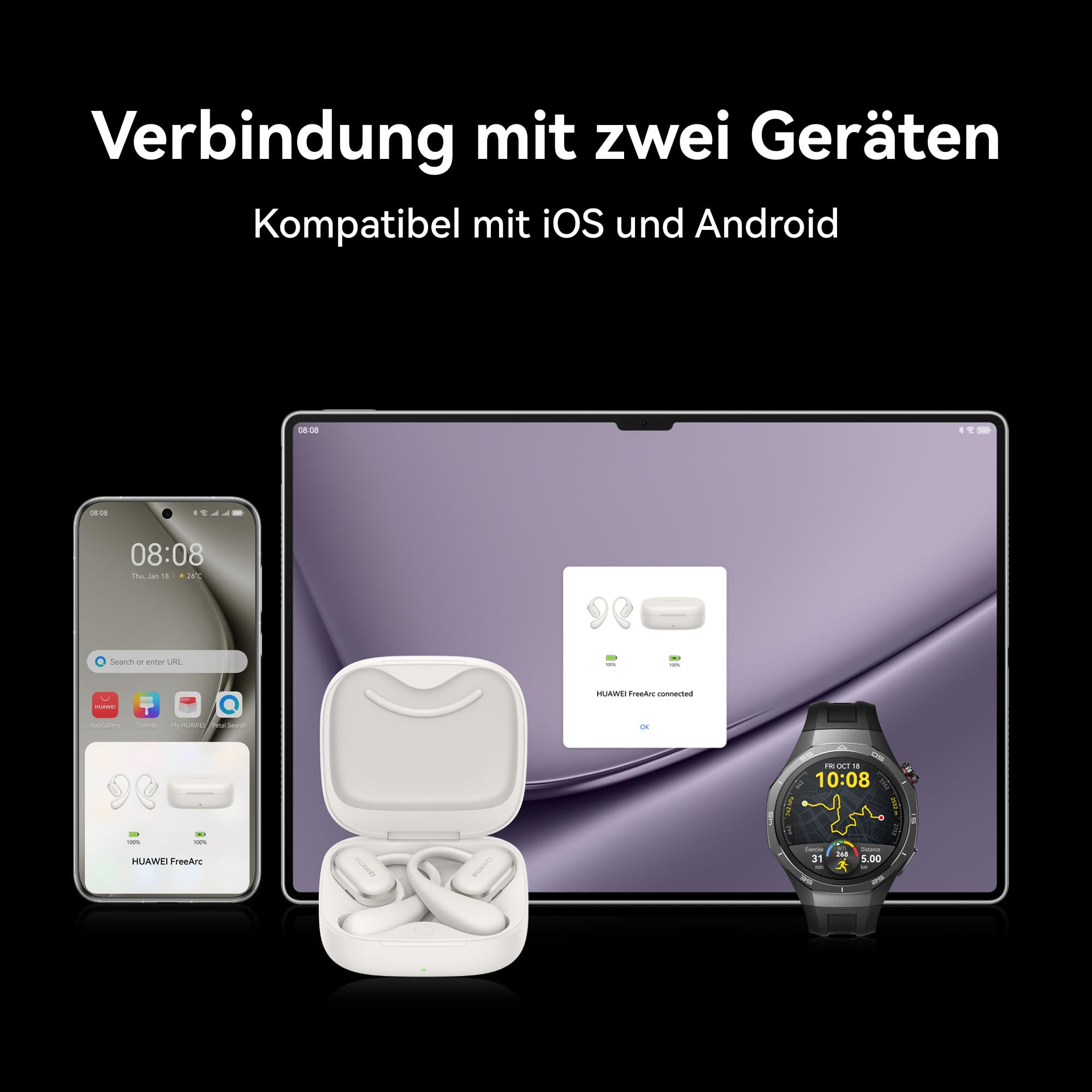 Kabellose Ohrhörer verbunden mit Smartphone, Tablet und Smartwatch vor dunklem Hintergrund.