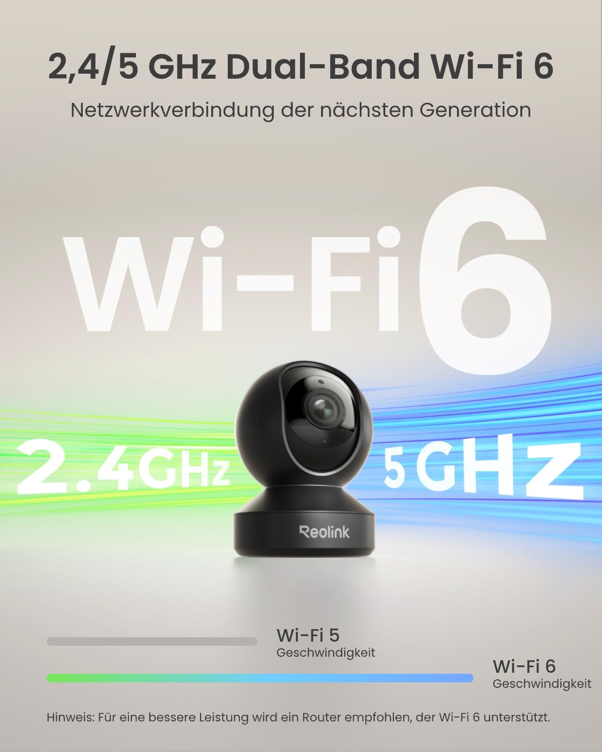 Telecamera di sicurezza Reolink nera su sfondo Wi-Fi 6 con onde a 2,4 e 5 GHz.