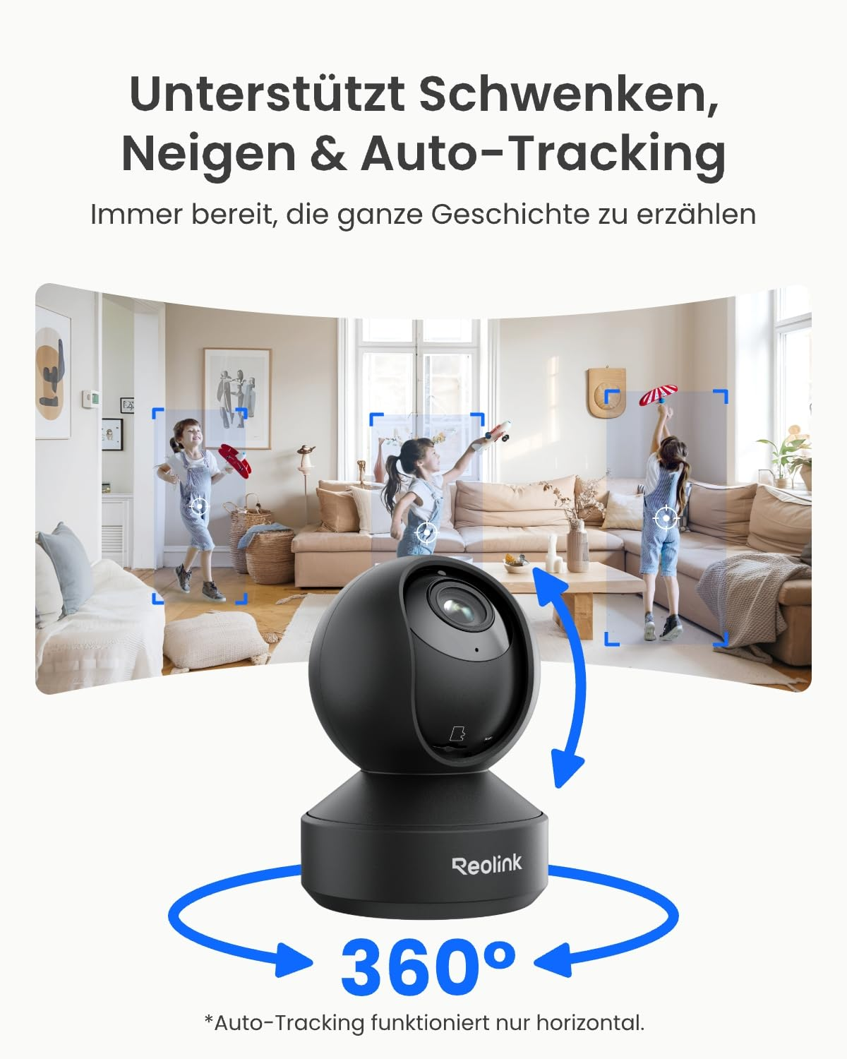 Telecamera di sicurezza Reolink PTZ con tracciamento a 360 gradi in salotto.