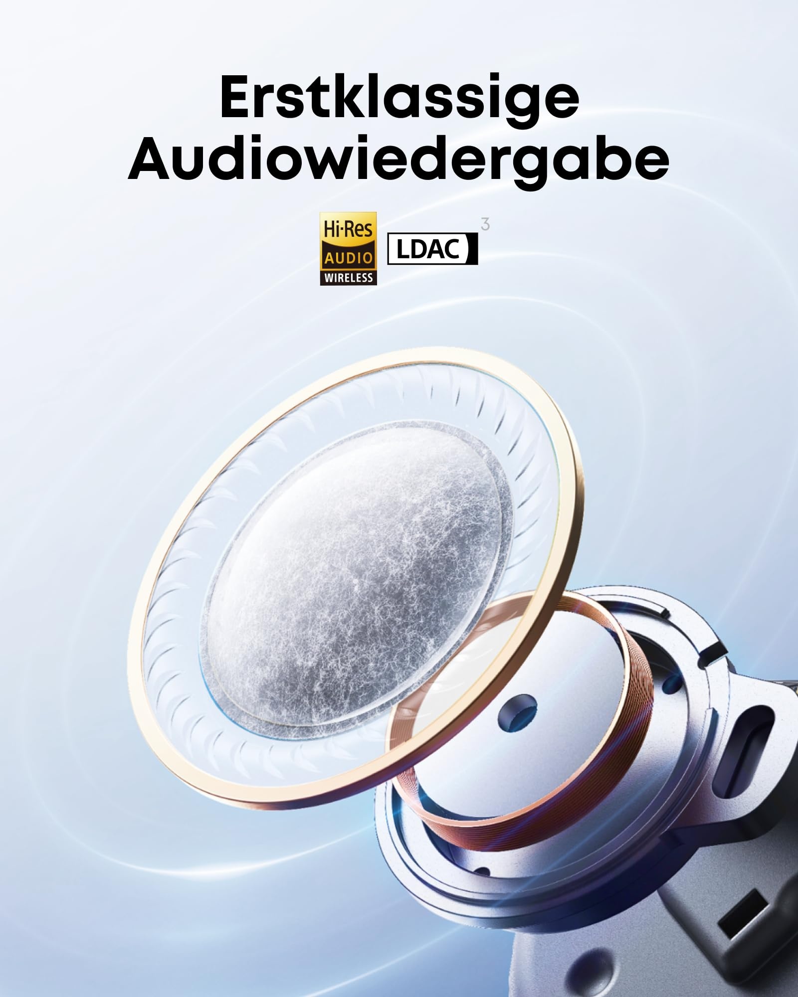 Schéma d'un transducteur de casque avec logos Hi-Res Audio Wireless et LDAC.
