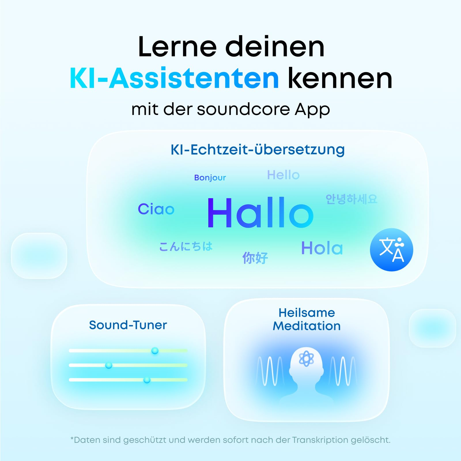 Publicité pour l'application Soundcore avec des outils IA de traduction, égaliseur et méditation.