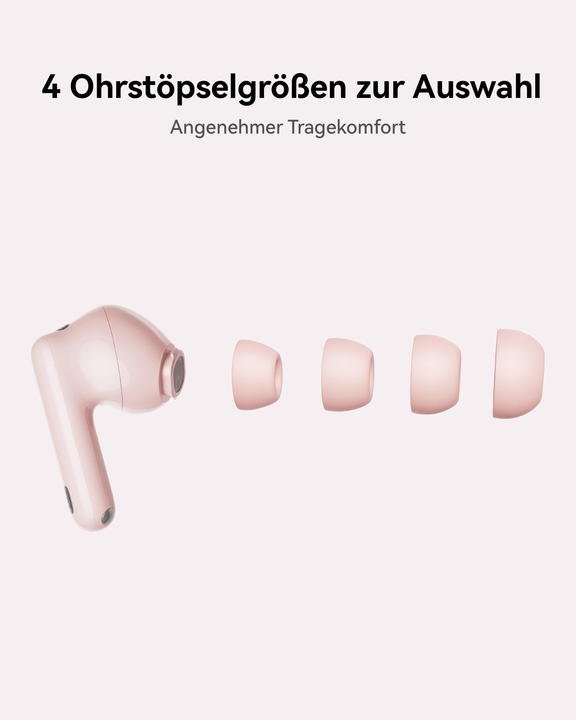 Un auricolare rosa in-ear con quattro diverse dimensioni di cuscinetti.