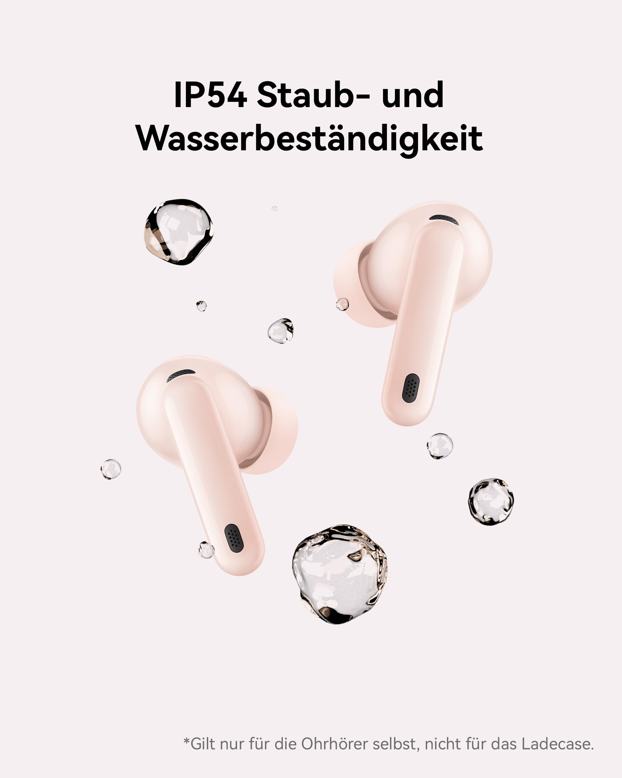 Due auricolari rosa fluttuano su sfondo chiaro con gocce d'acqua e testo sulla resistenza IP54.