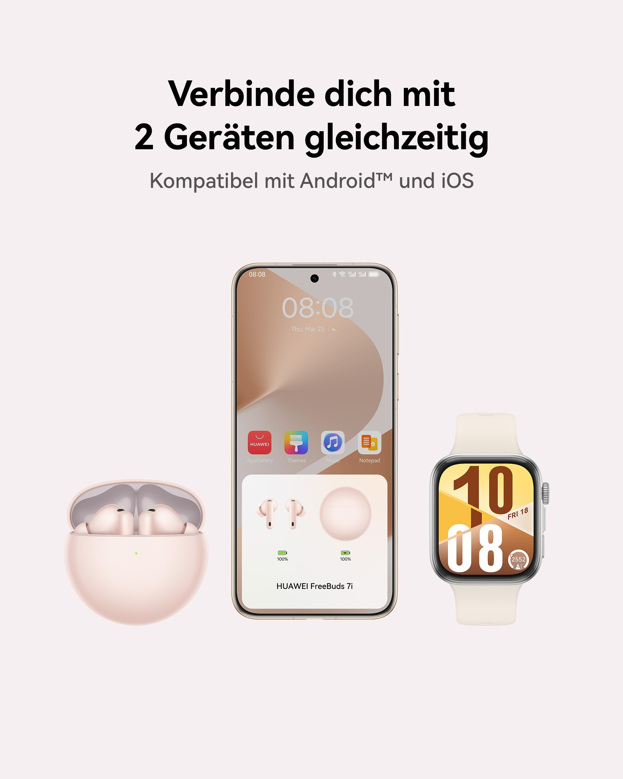 Un annuncio con Huawei FreeBuds rosa, uno smartphone con impostazioni di connessione e uno smartwatch su sfondo chiaro.