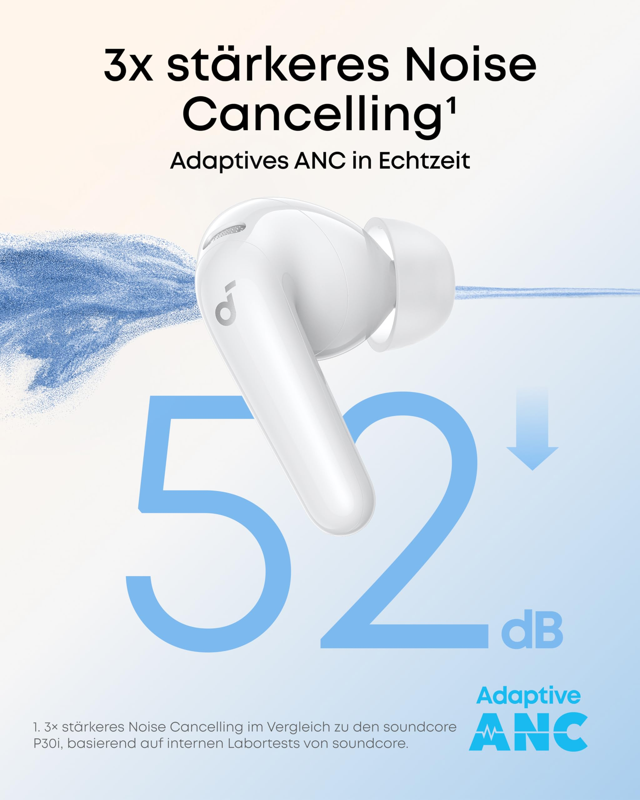Écouteur intra-auriculaire blanc sur fond bleu avec texte de réduction du bruit de 52 dB.