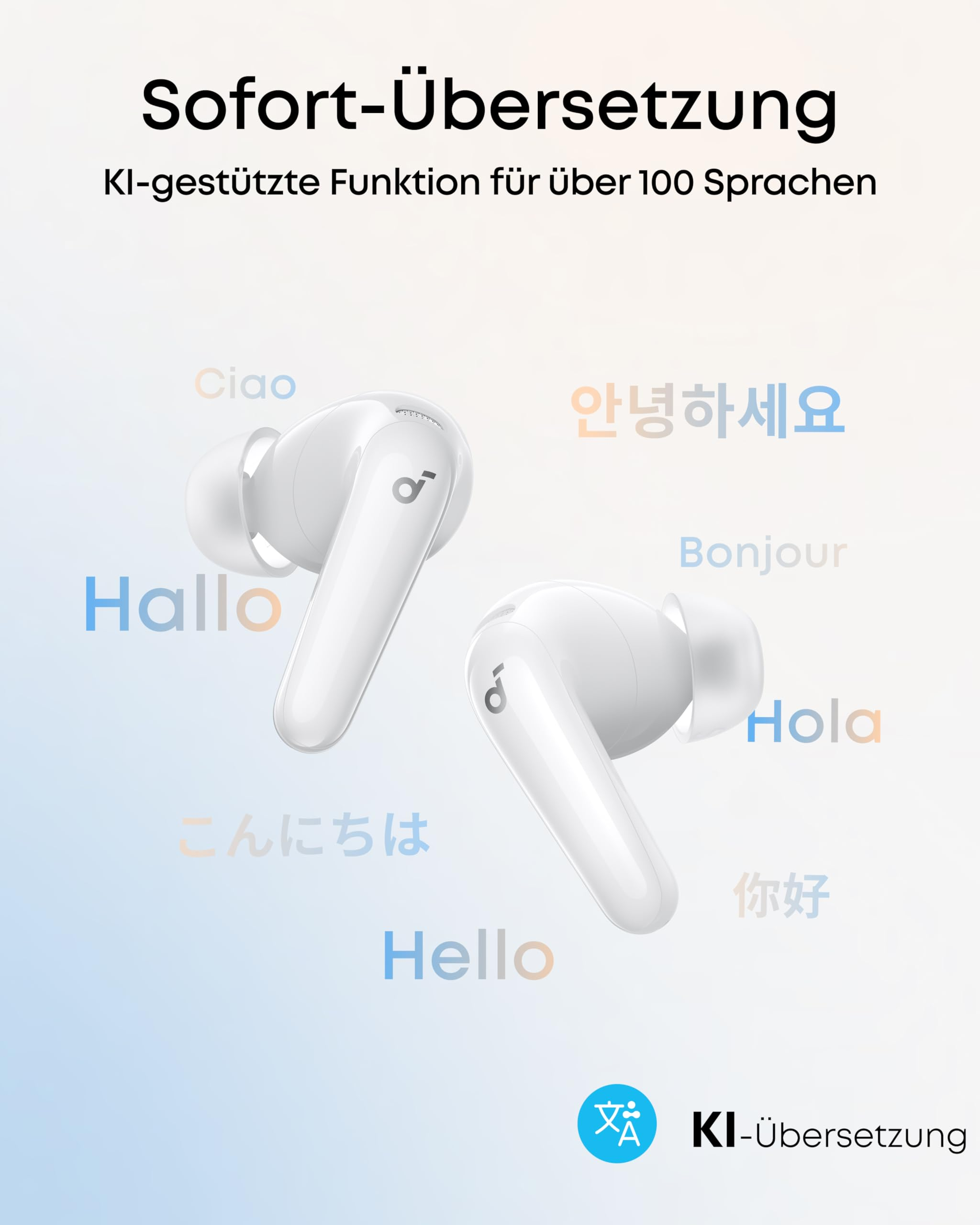 Deux écouteurs intra-auriculaires blancs sur fond dégradé avec différentes salutations en diverses langues.