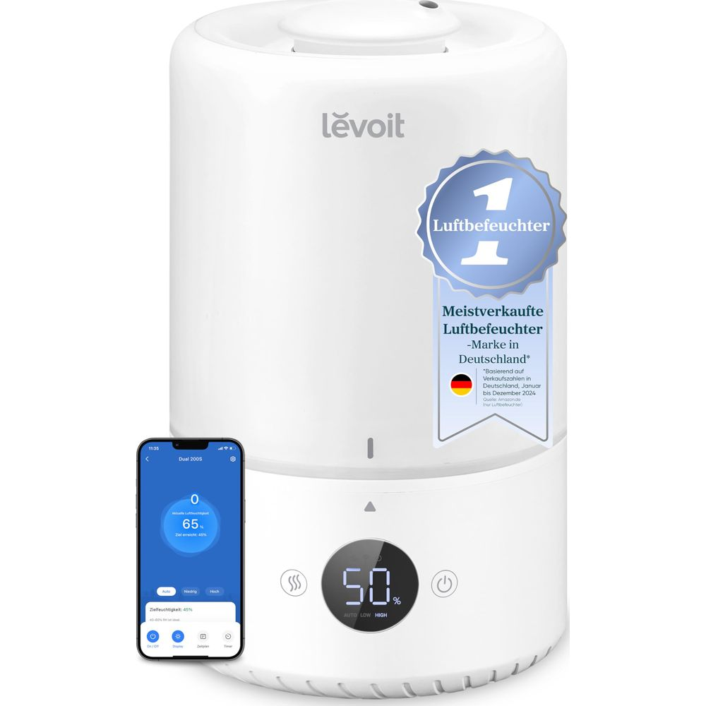 Umidificatore Levoit bianco con display digitale e app per smartphone.