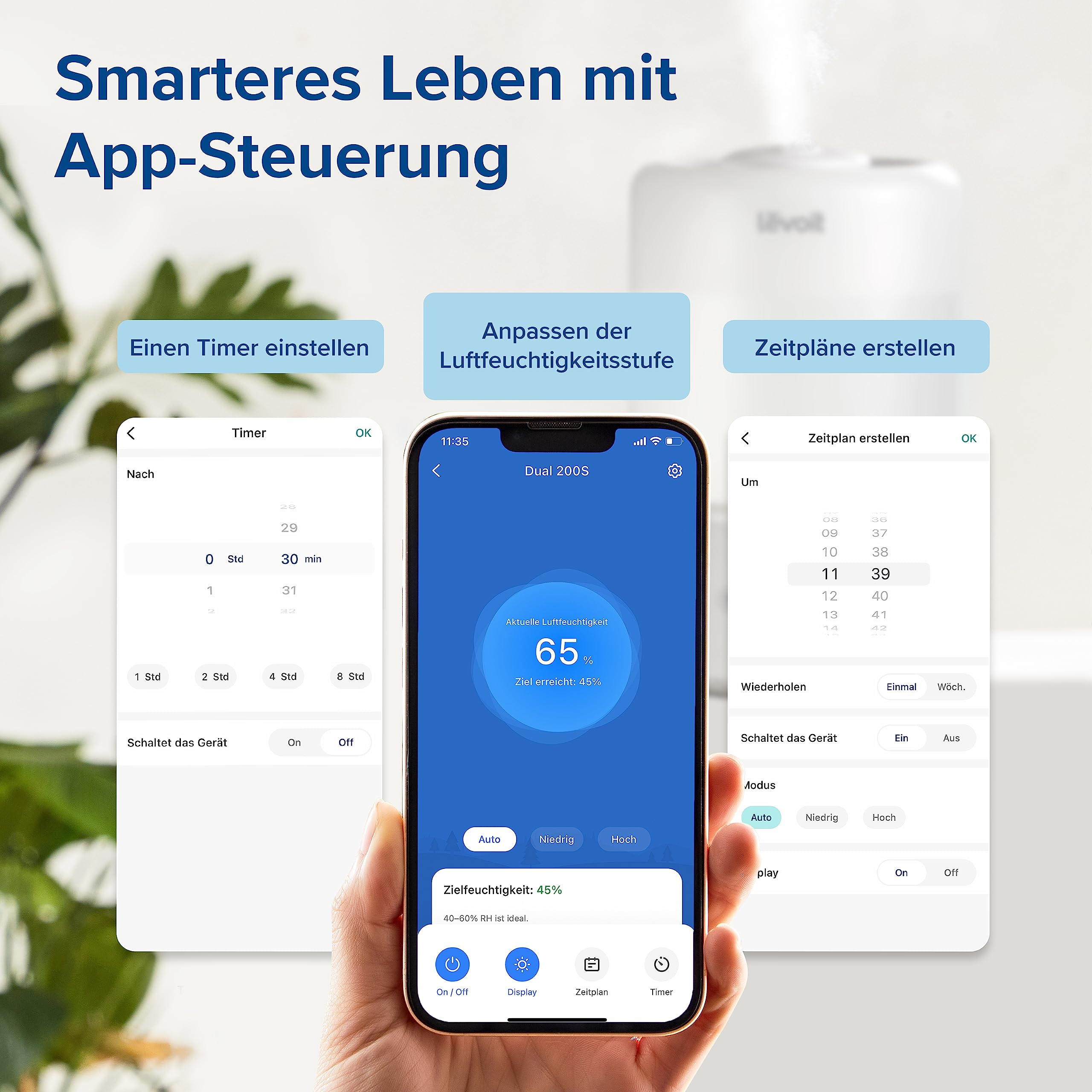 Una mano regge uno smartphone con un'app per umidificatore, con altre schermate sullo sfondo.