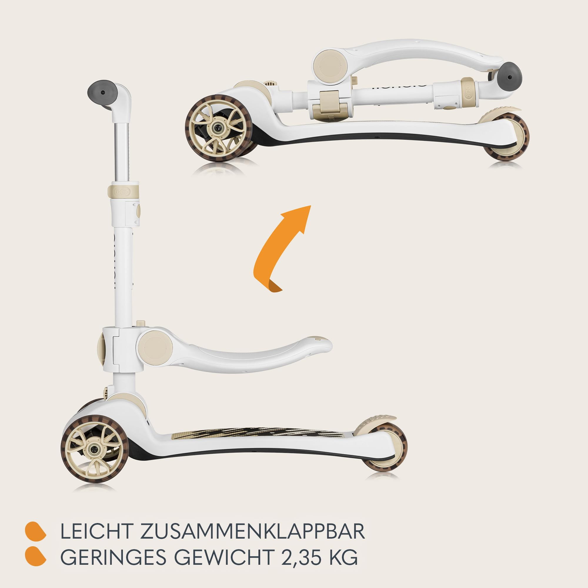 Ein weißer Kinderroller mit beigen Akzenten und Sitz, zusammenklappbar und leicht.
