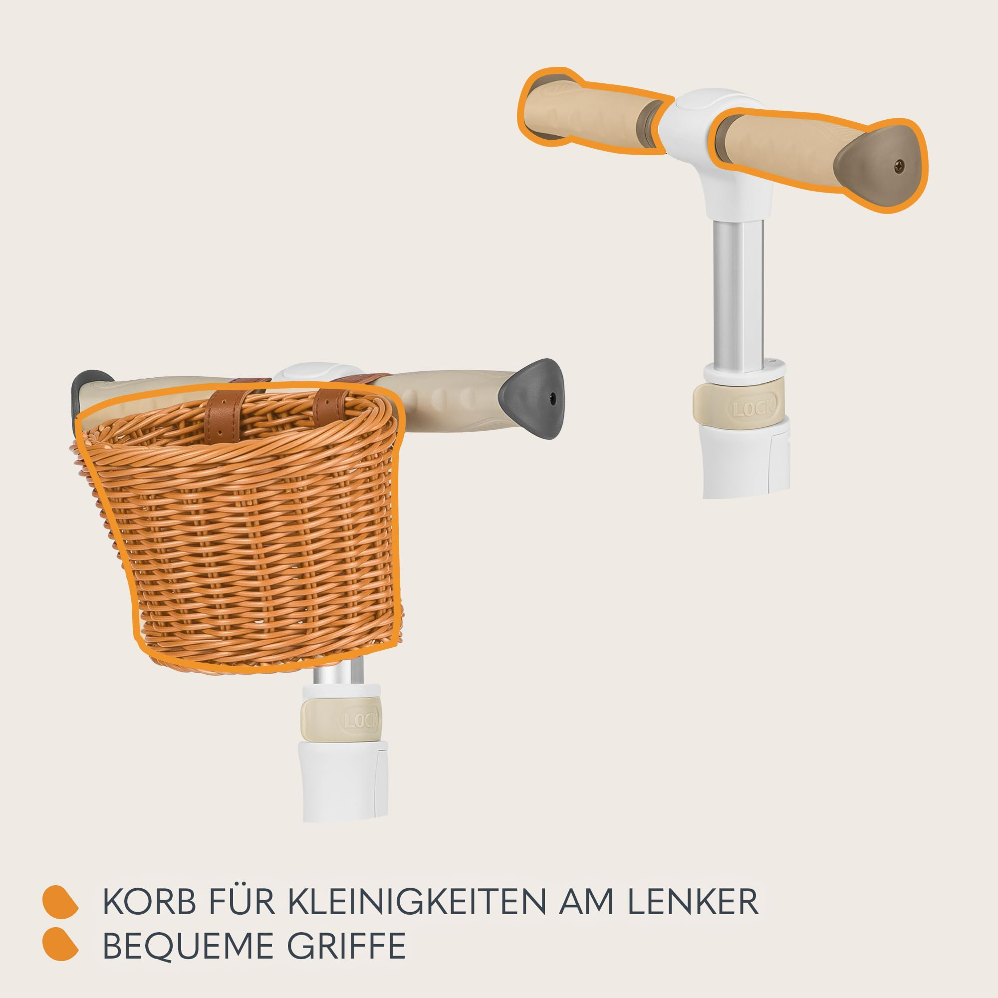 Ein Kinderroller-Lenker mit bequemen Griffen und einem angebrachten geflochtenen Korb.
