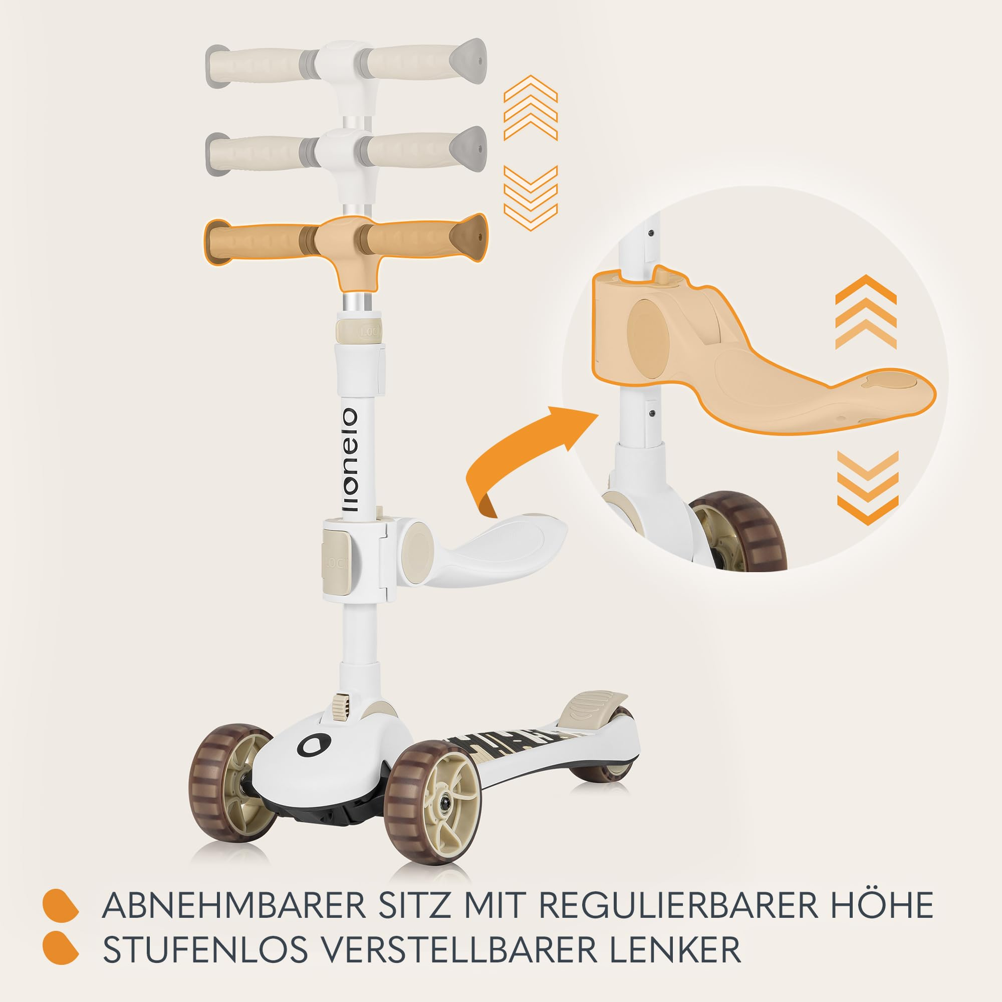 Ein weißer Kinderroller mit abnehmbarem Sitz und höhenverstellbarem Lenker, Detailansicht der Verstellbarkeit.