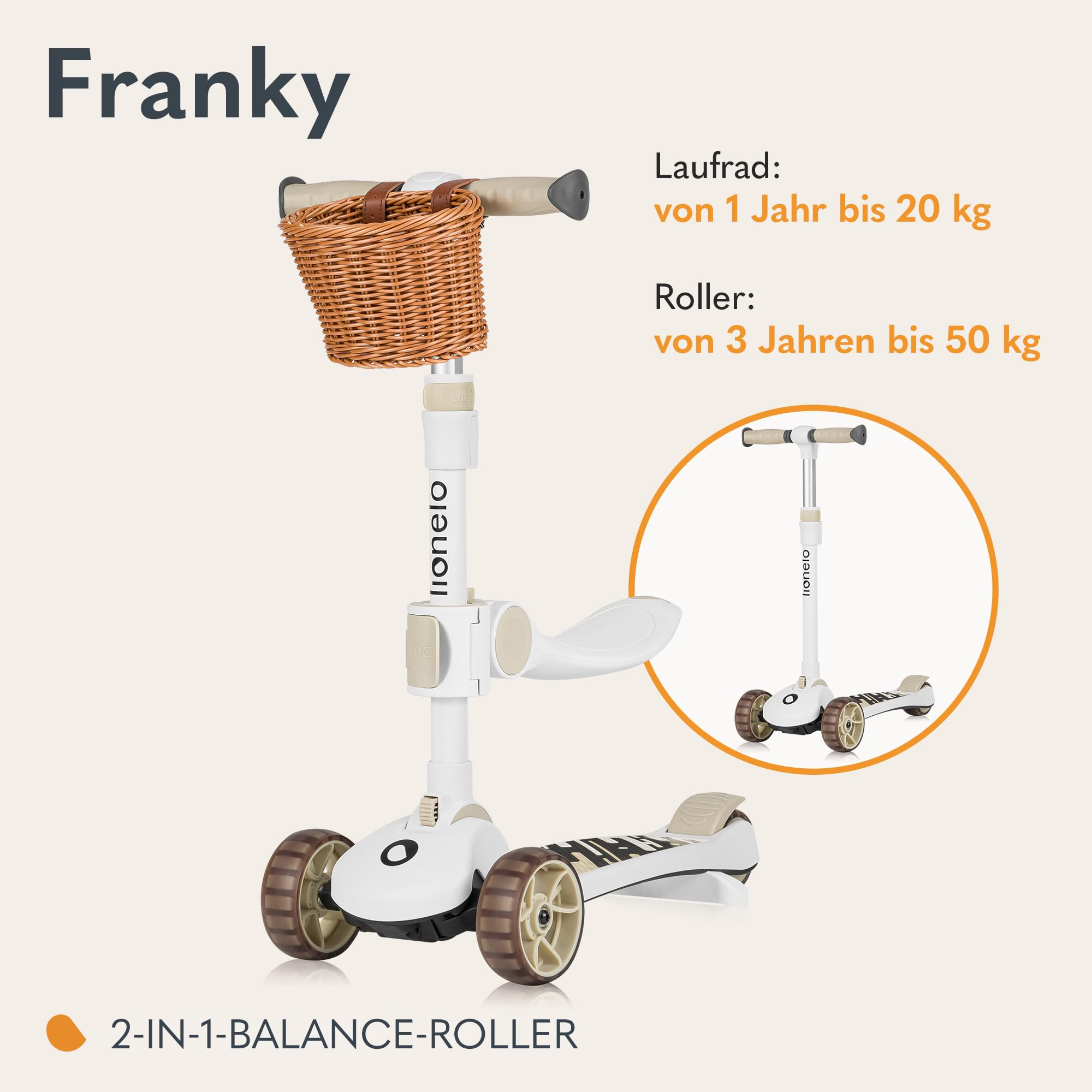 Weißer 2-in-1-Kinderroller mit Sitz, Korb und braunen Rädern.