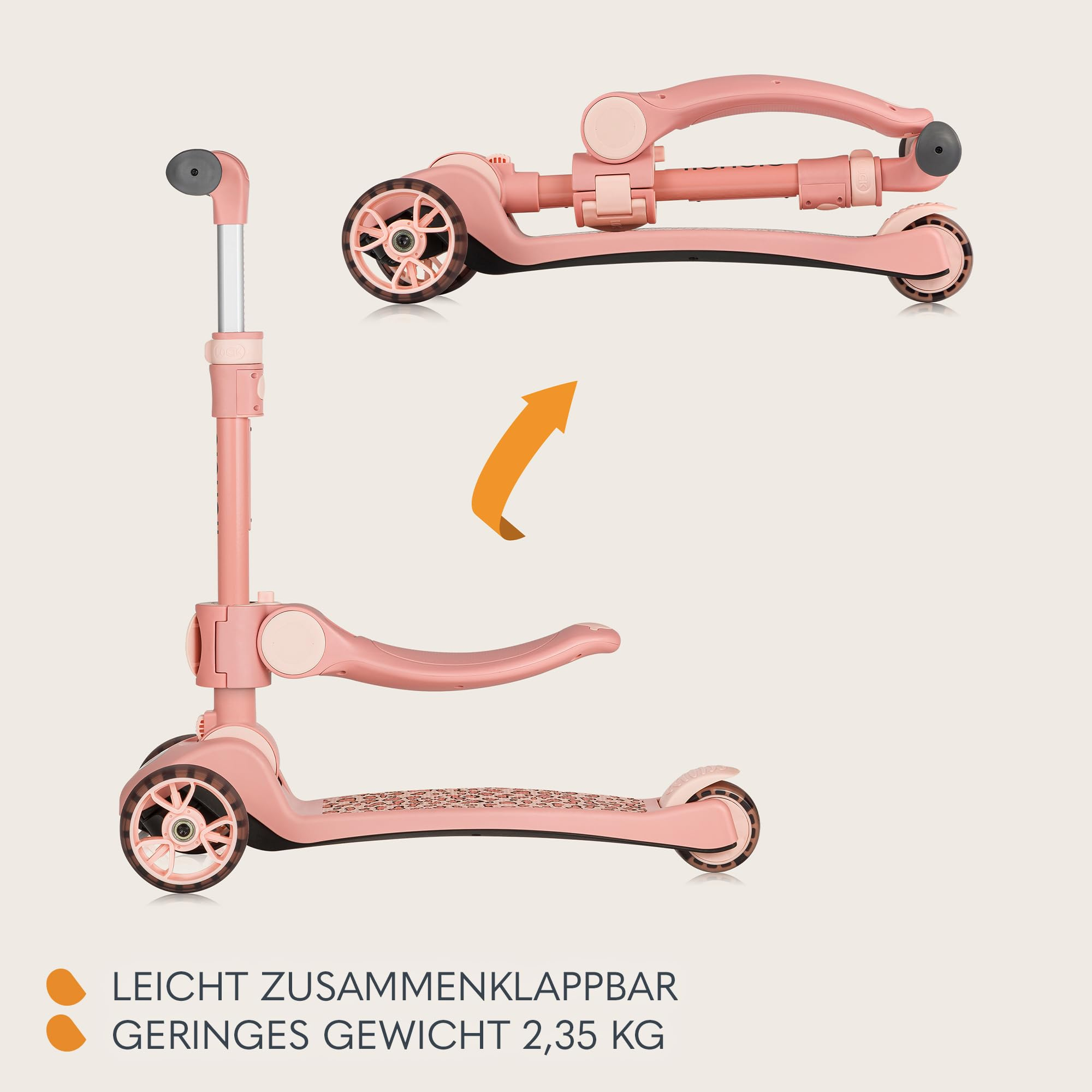 Rosa Kinderroller, ausgeklappt und zusammengeklappt, mit Text über geringes Gewicht und einfache Faltbarkeit.