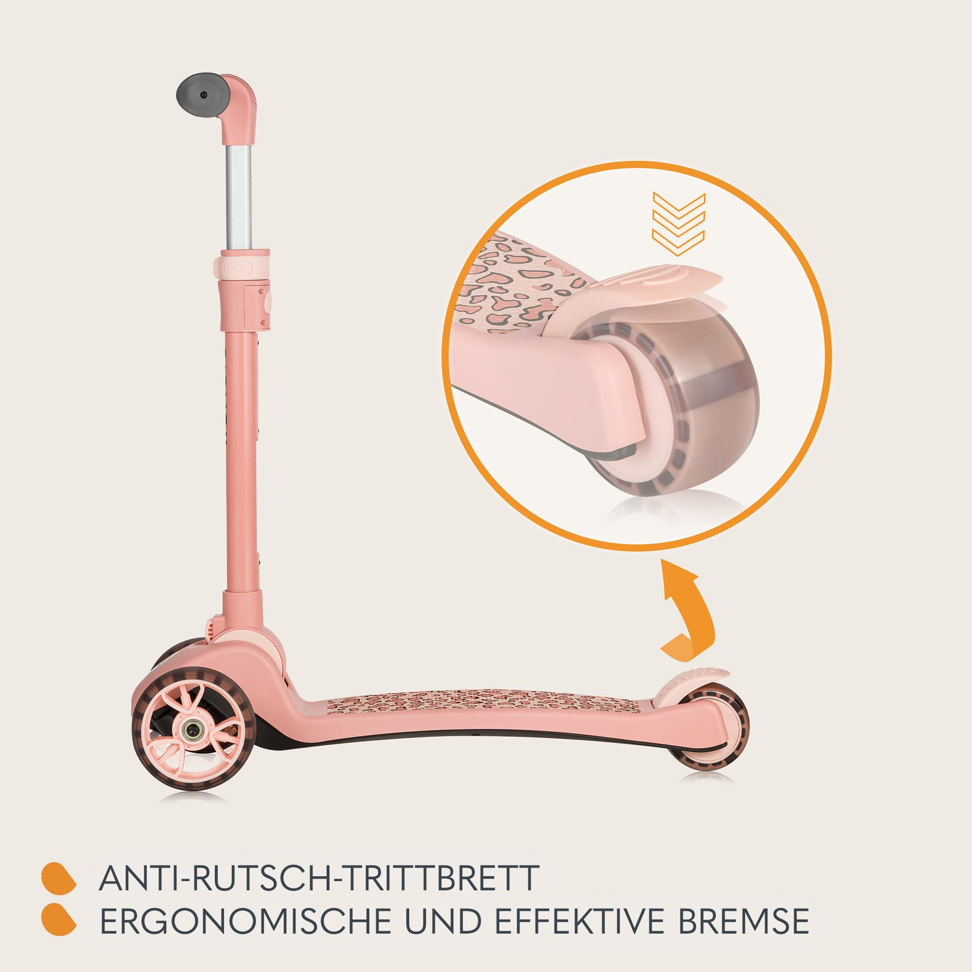 Rosa Kinderroller mit Anti-Rutsch-Trittbrett und Detailansicht der Bremse.