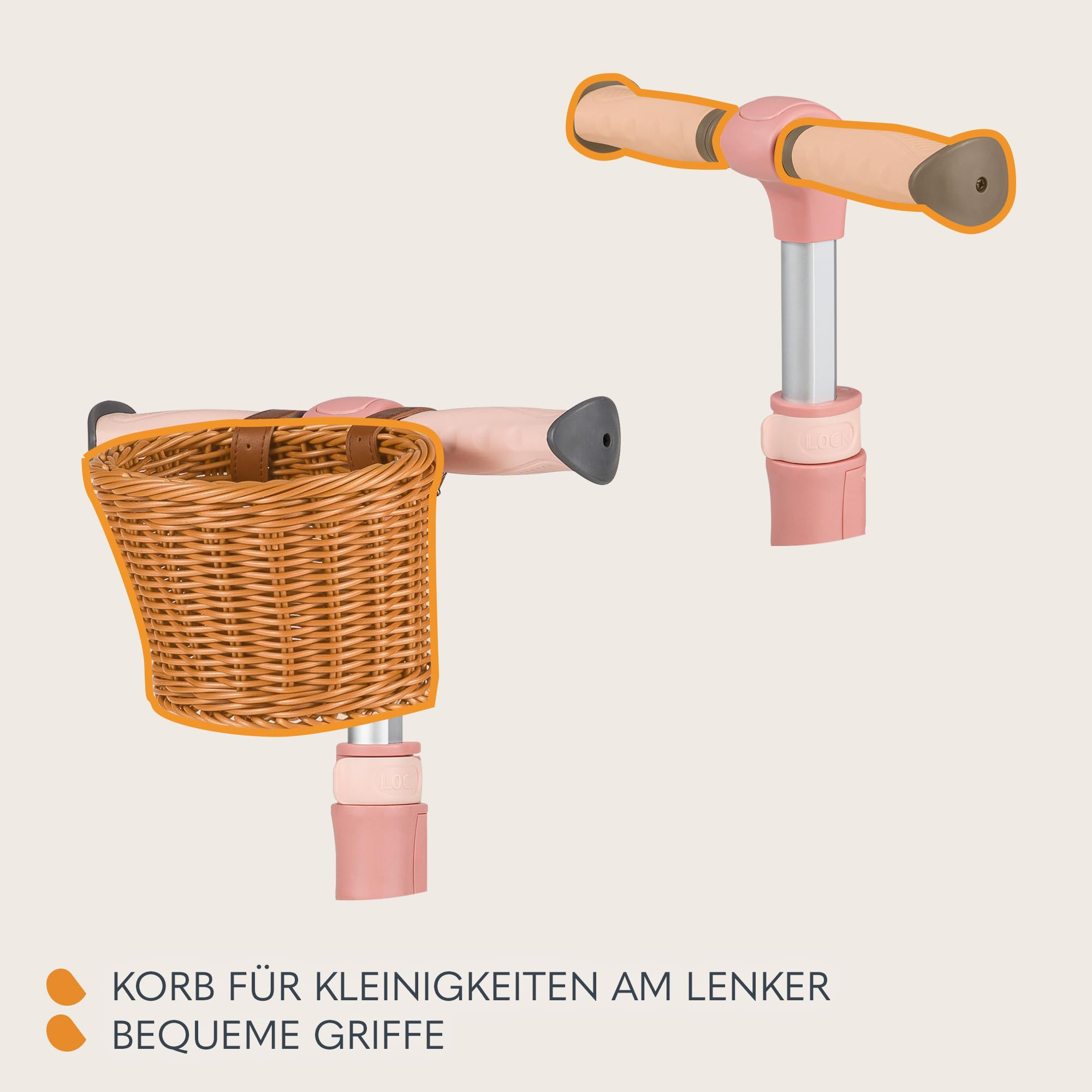 Lenker mit komfortablen Griffen und ein kleiner Weidenkorb zum Befestigen am Lenker.