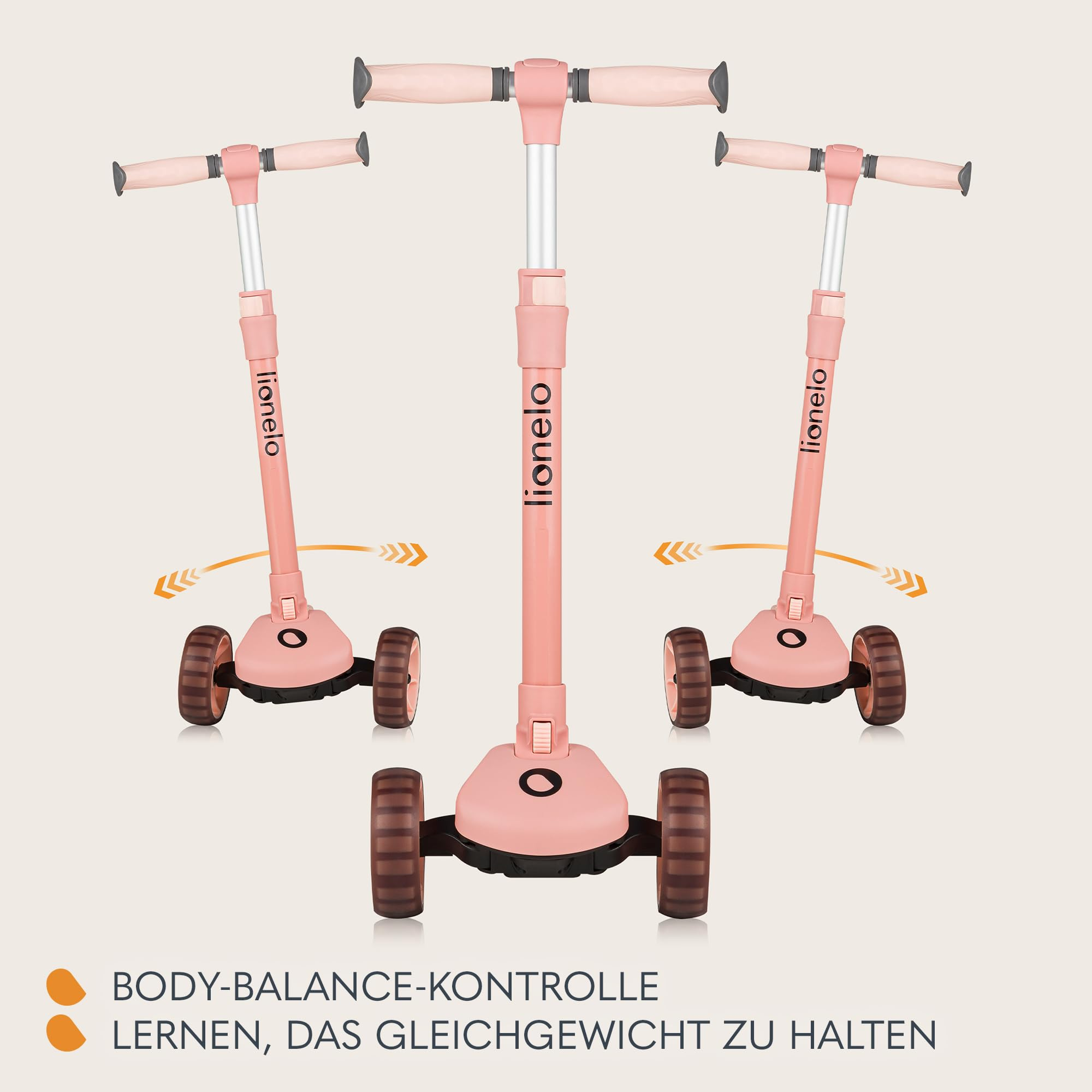 Drei rosa Lionelo Kinderroller zeigen Body-Balance-Funktion auf hellem Grund.