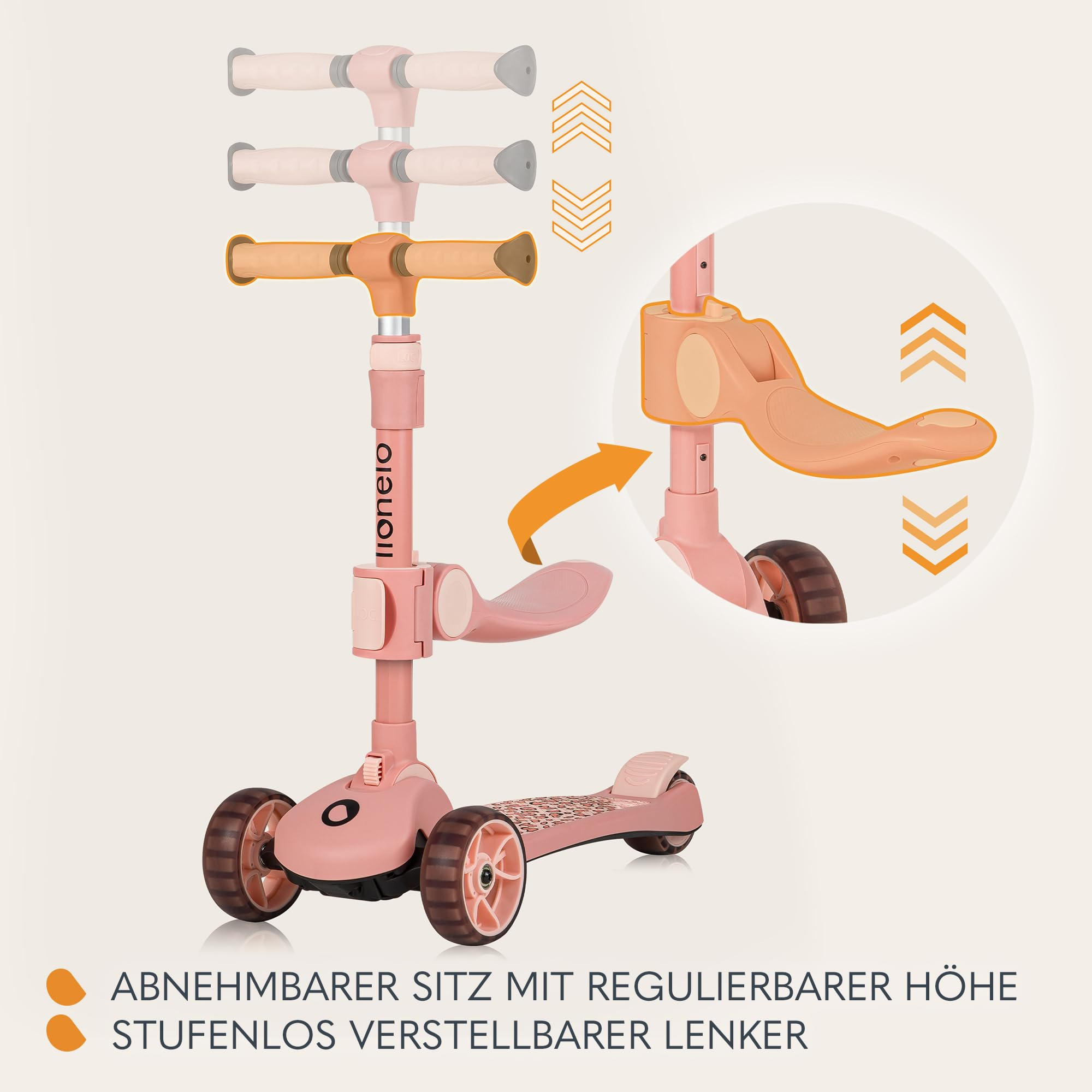 Rosa Kinderroller mit verstellbarem Lenker und abnehmbarem Sitz zeigt Höhenverstellungsfunktionen.