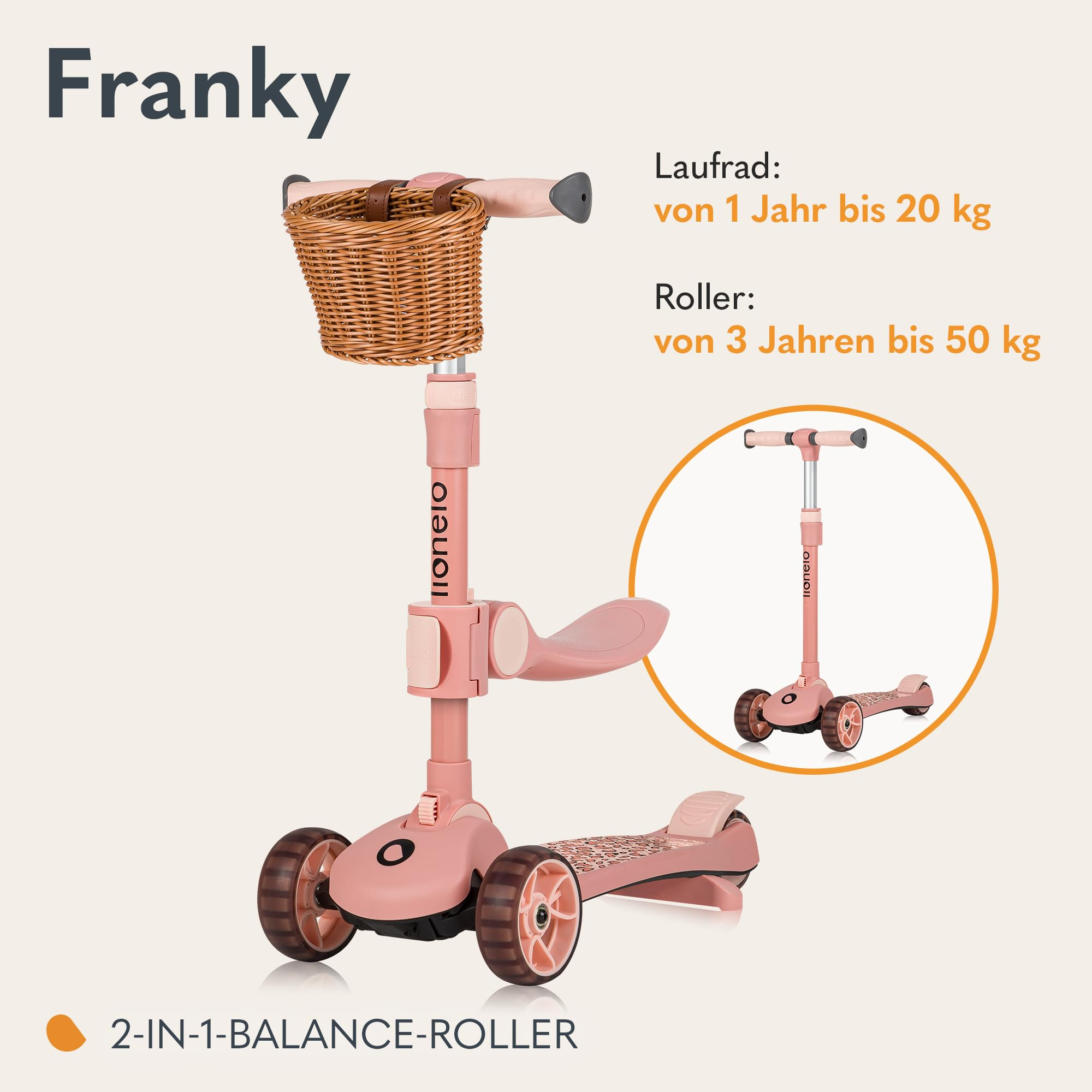 Rosa 2-in-1 Laufrad und Roller für Kinder mit Weidenkorb vorne, Text und Inset-Foto.