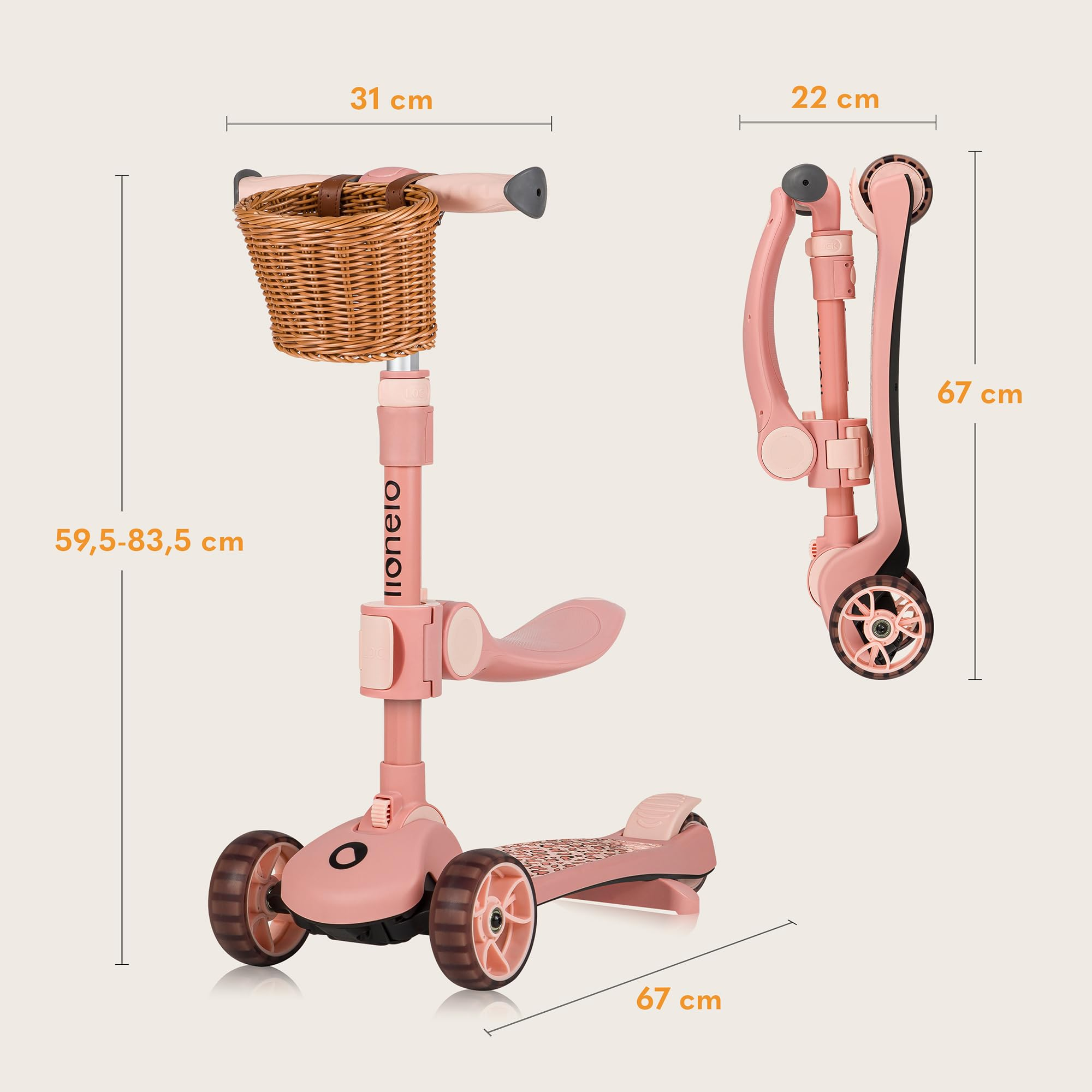 Rosa Kinderroller mit Korb und Maßen, gefaltet und entfaltet.