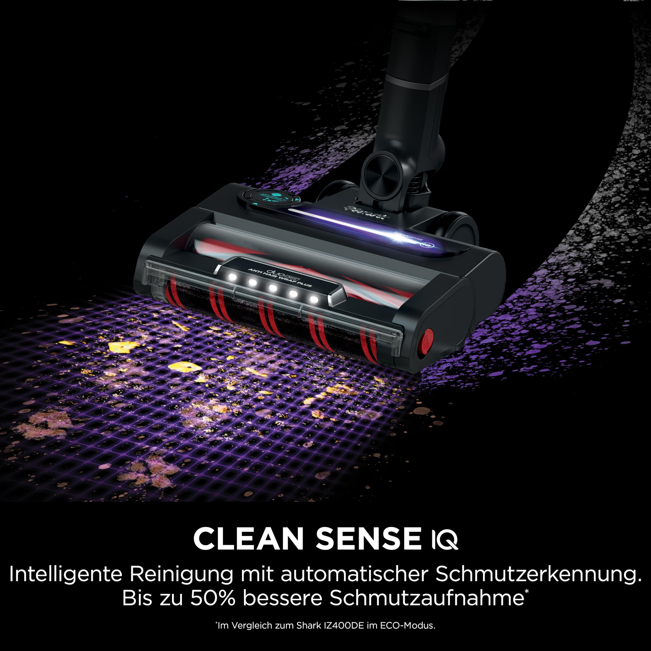 Staubsaugerkopf mit LED-Beleuchtung und digitalem Raster, das Schmutz auf dem Boden anzeigt.