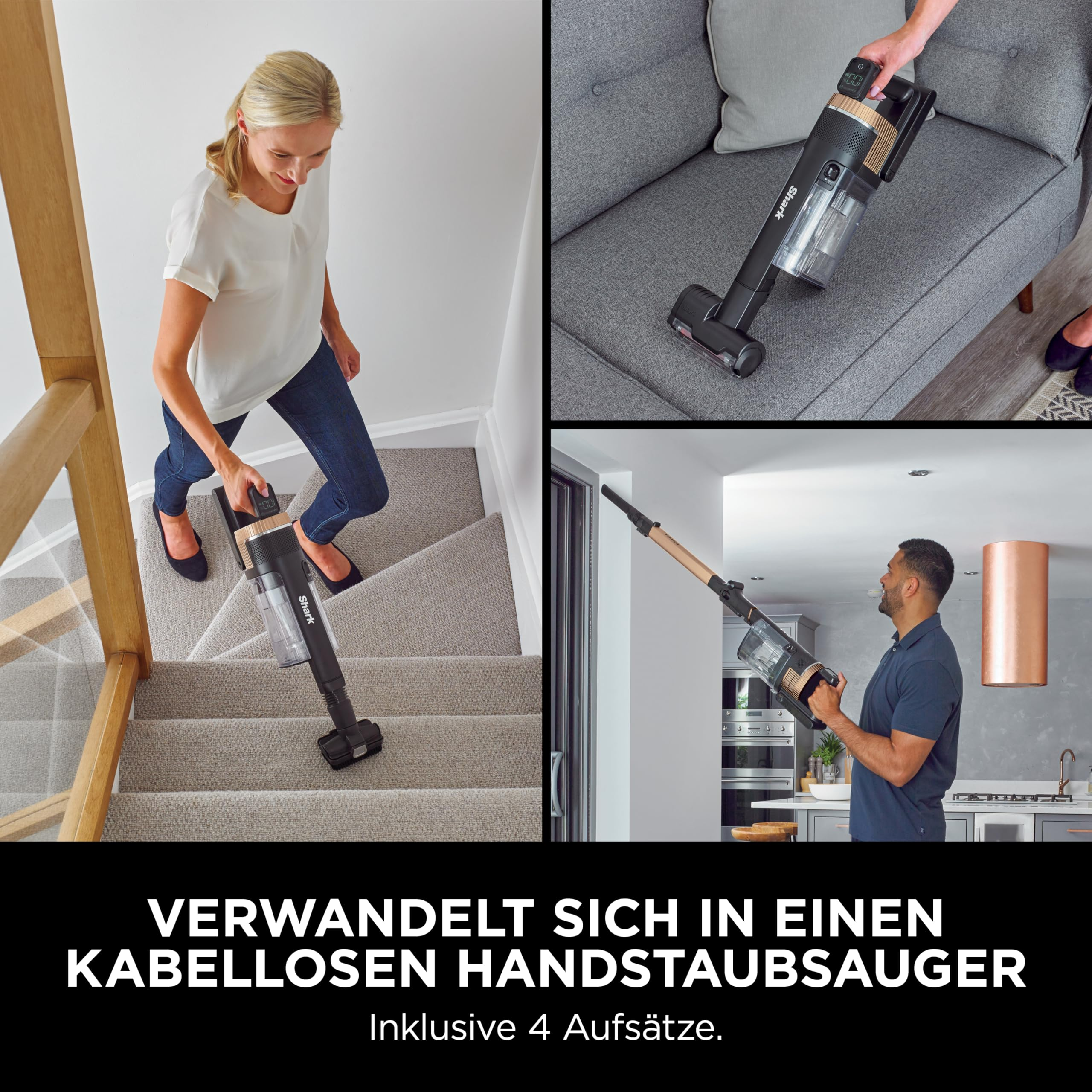 Eine Frau saugt Treppen, eine andere reinigt ein Sofa, und ein Mann saugt die Decke mit einem kabellosen Staubsauger.