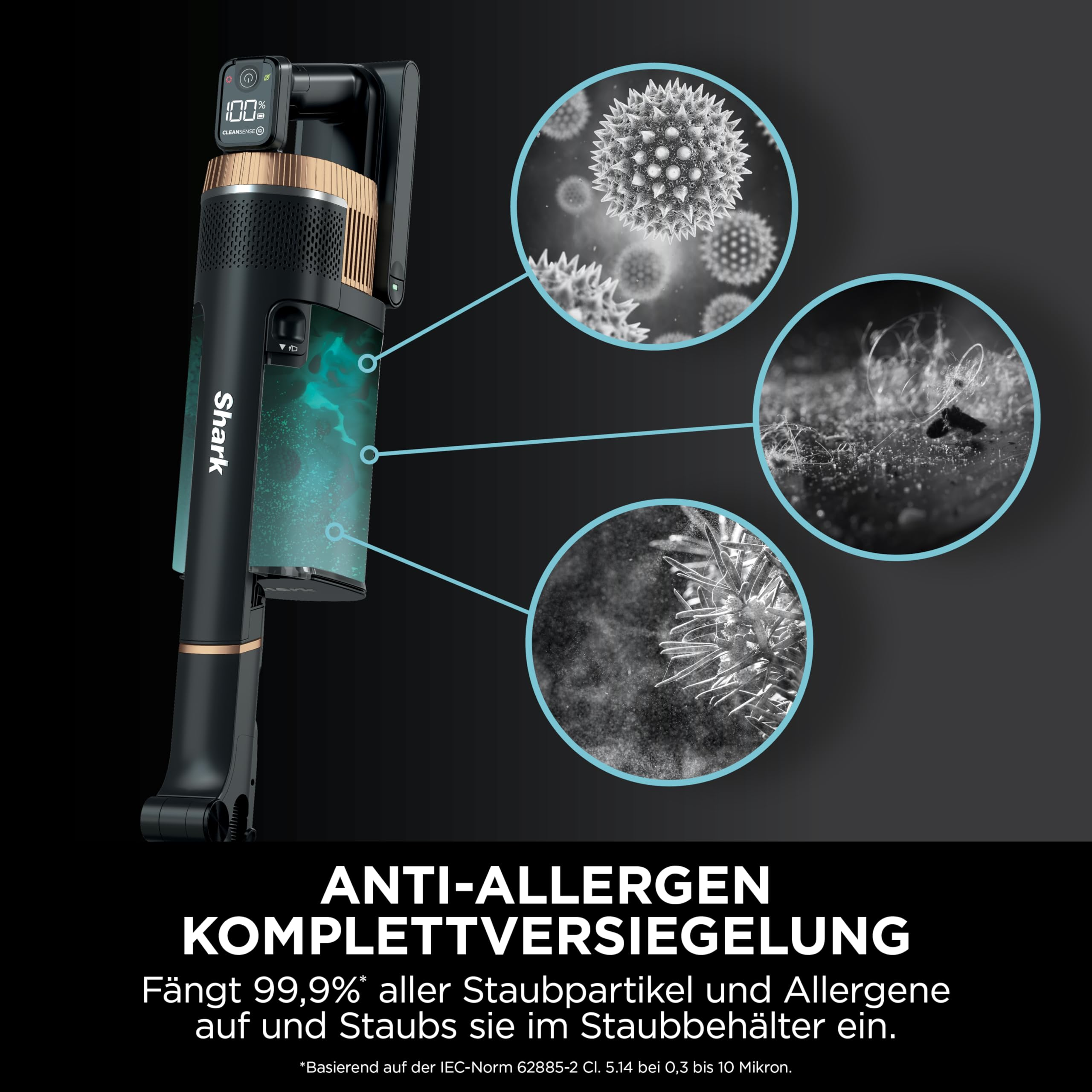 Shark Staubsauger mit Anti-Allergen-Siegel und drei kreisförmigen Vergrößerungen von Staub und Allergenen.