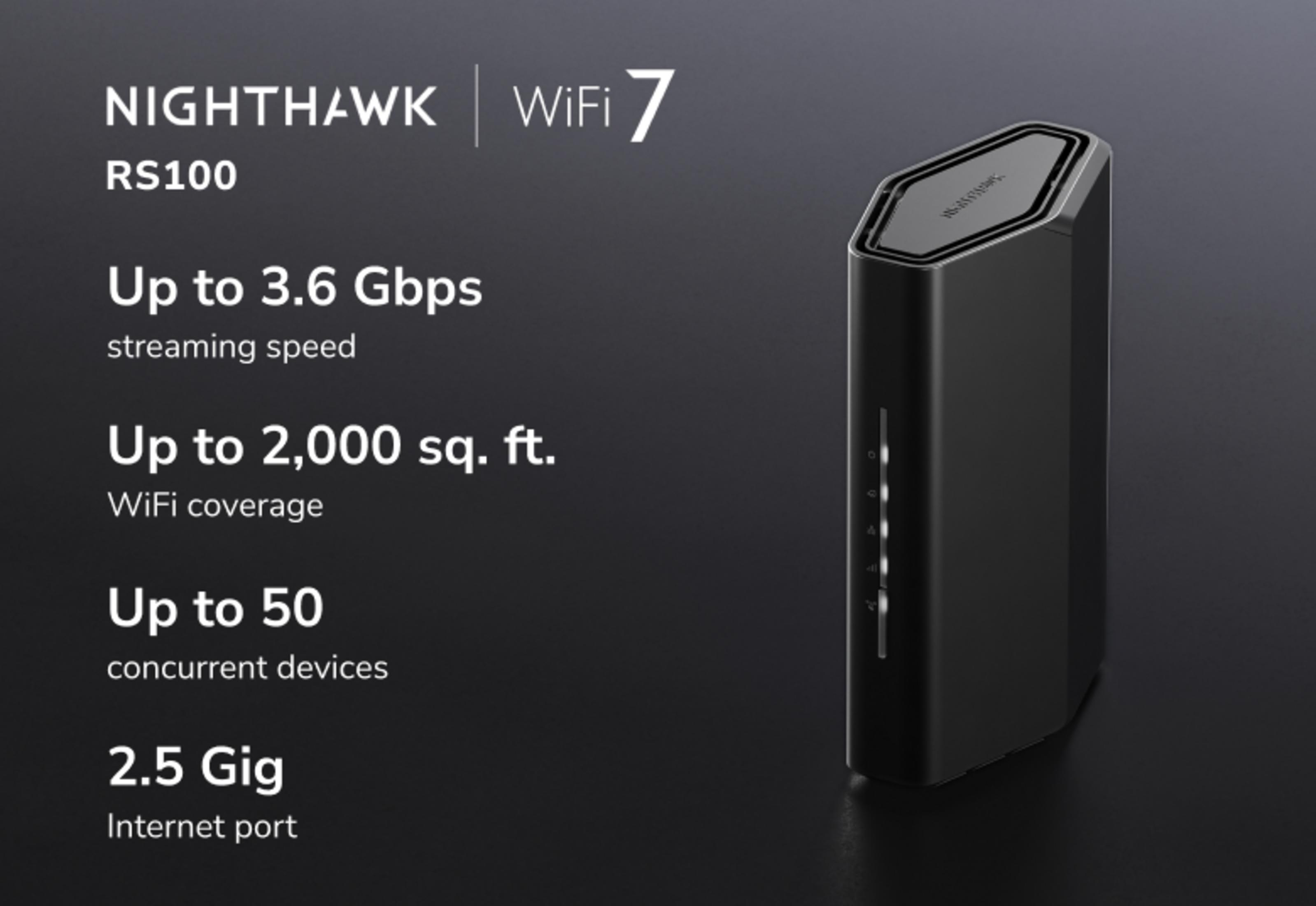 Schwarzer Nighthawk RS100 WiFi 7 Router mit technischen Daten auf dunklem Hintergrund.
