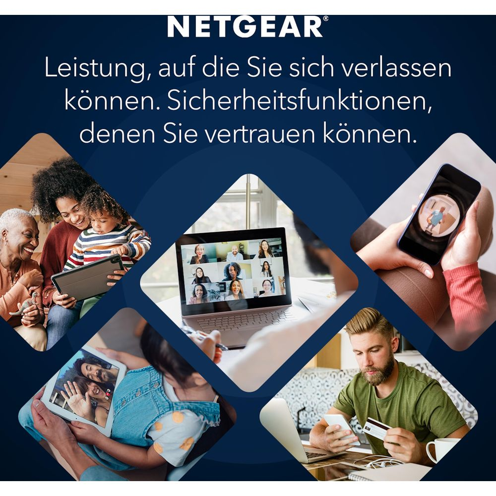 Netgear-Werbung mit Bildern verschiedener Menschen, die Sicherheits- und Kommunikationsgeräte nutzen.