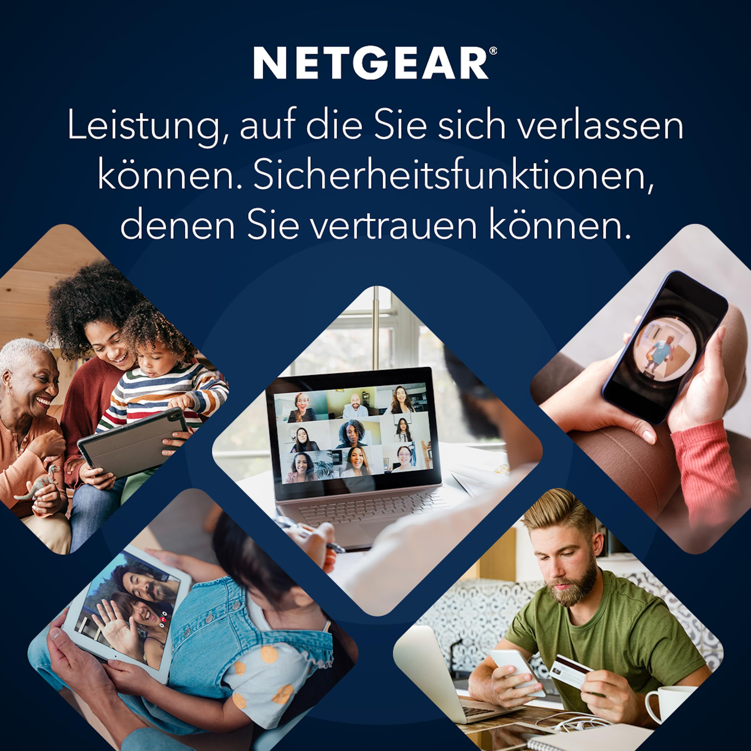 Netgear-Werbung mit verschiedenen Szenen von Menschen, die Videocalls, Tablets und Smartphones nutzen.