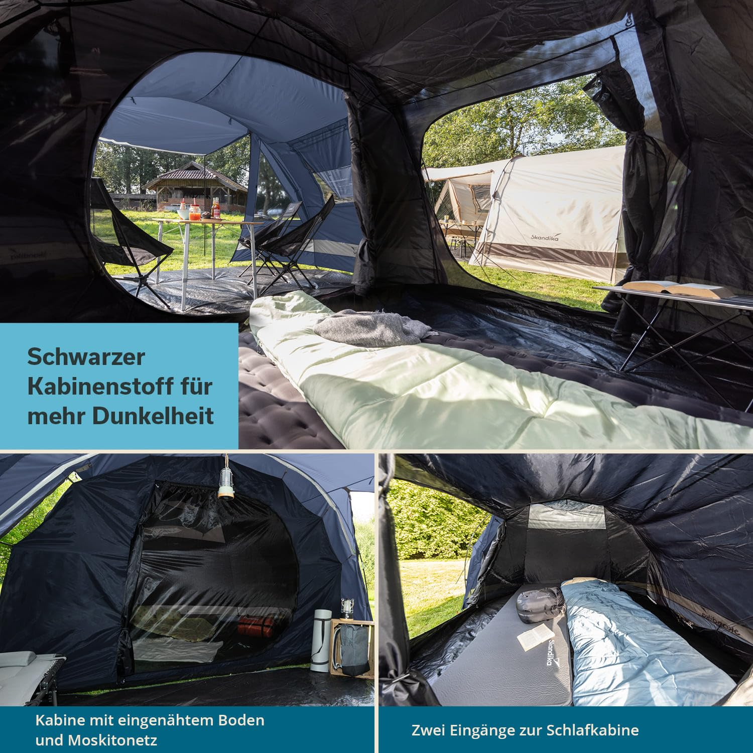 Intérieur d'une tente sombre avec sacs de couchage, matelas gonflables et vue sur un camping extérieur.