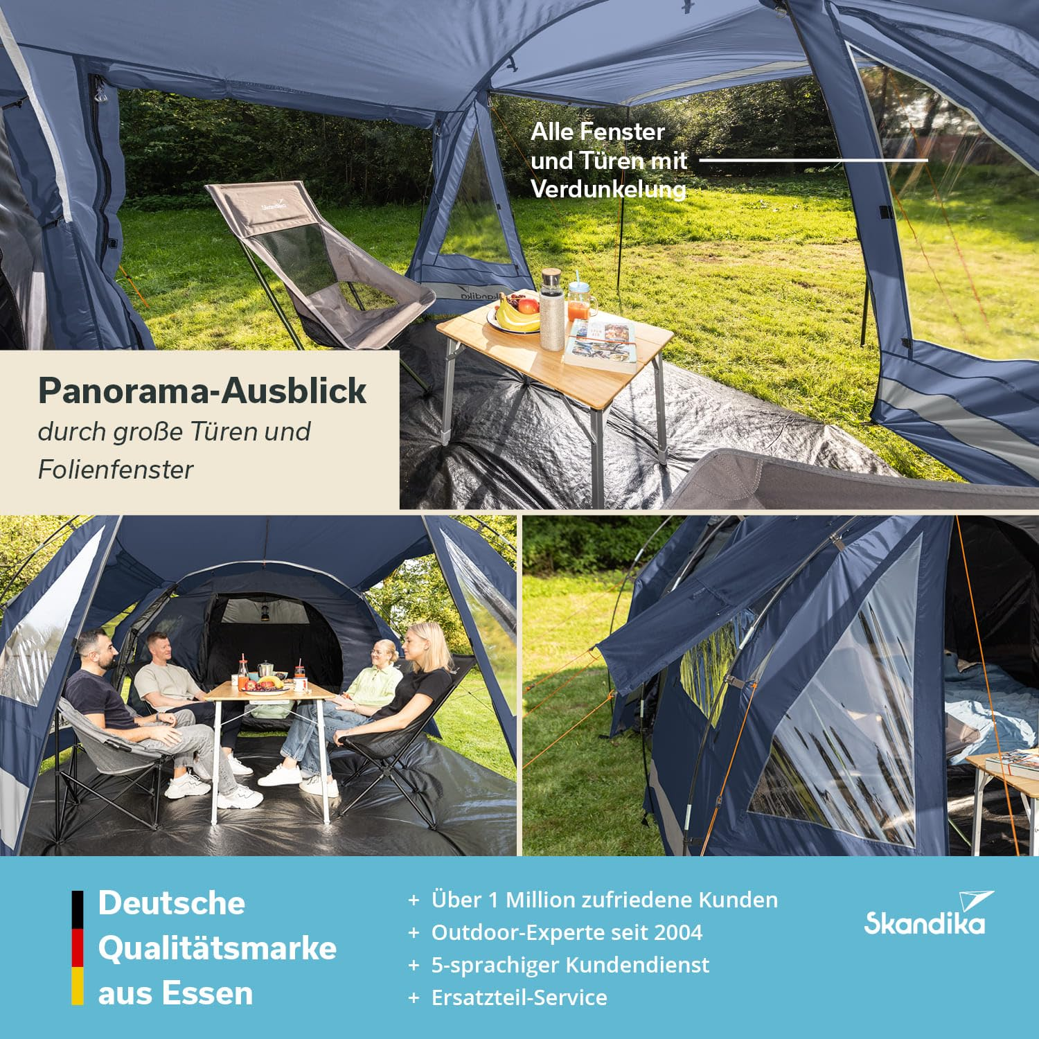 Vue d'une tente bleue vers la verdure, avec table de camping, chaises et superpositions de texte.
