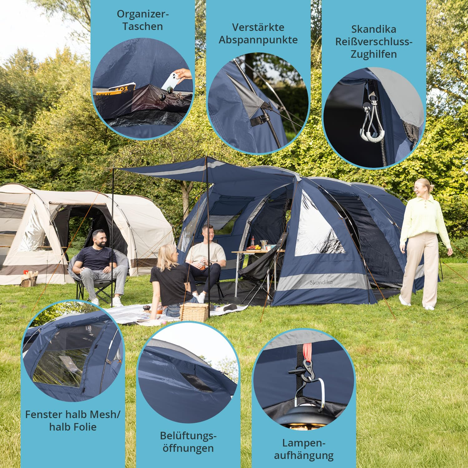 Tentes familiales Skandika bleues dans un camping avec des personnes et des détails de fonctions.