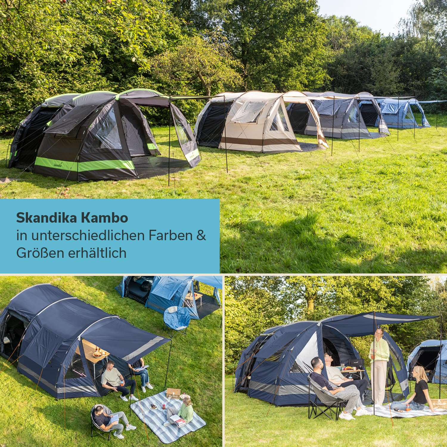 Plusieurs tentes Skandika Kambo de différentes couleurs installées sur une pelouse, avec des campeurs.