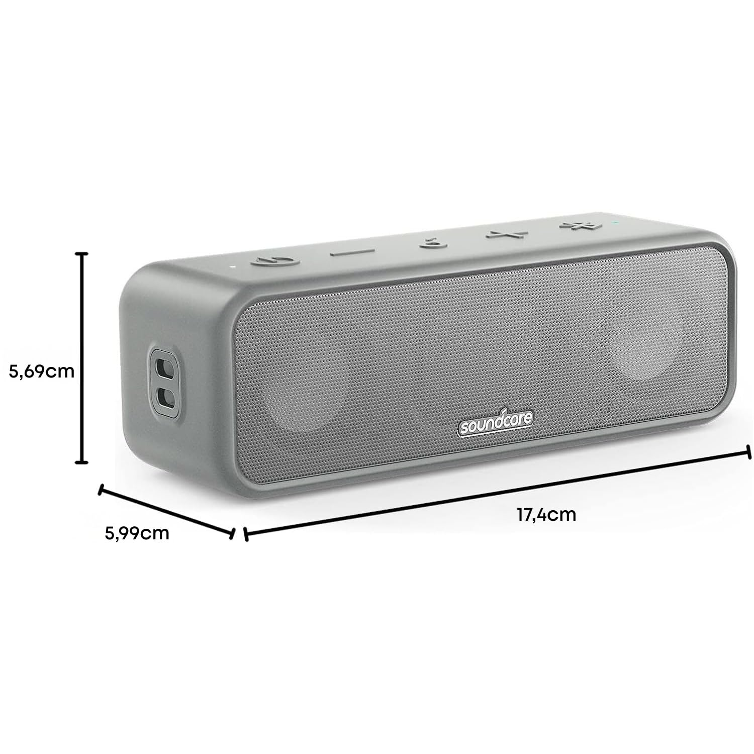 Altoparlante Bluetooth Soundcore grigio con dimensioni: 17,4 cm di lunghezza, 5,99 cm di larghezza e 5,69 cm di altezza.