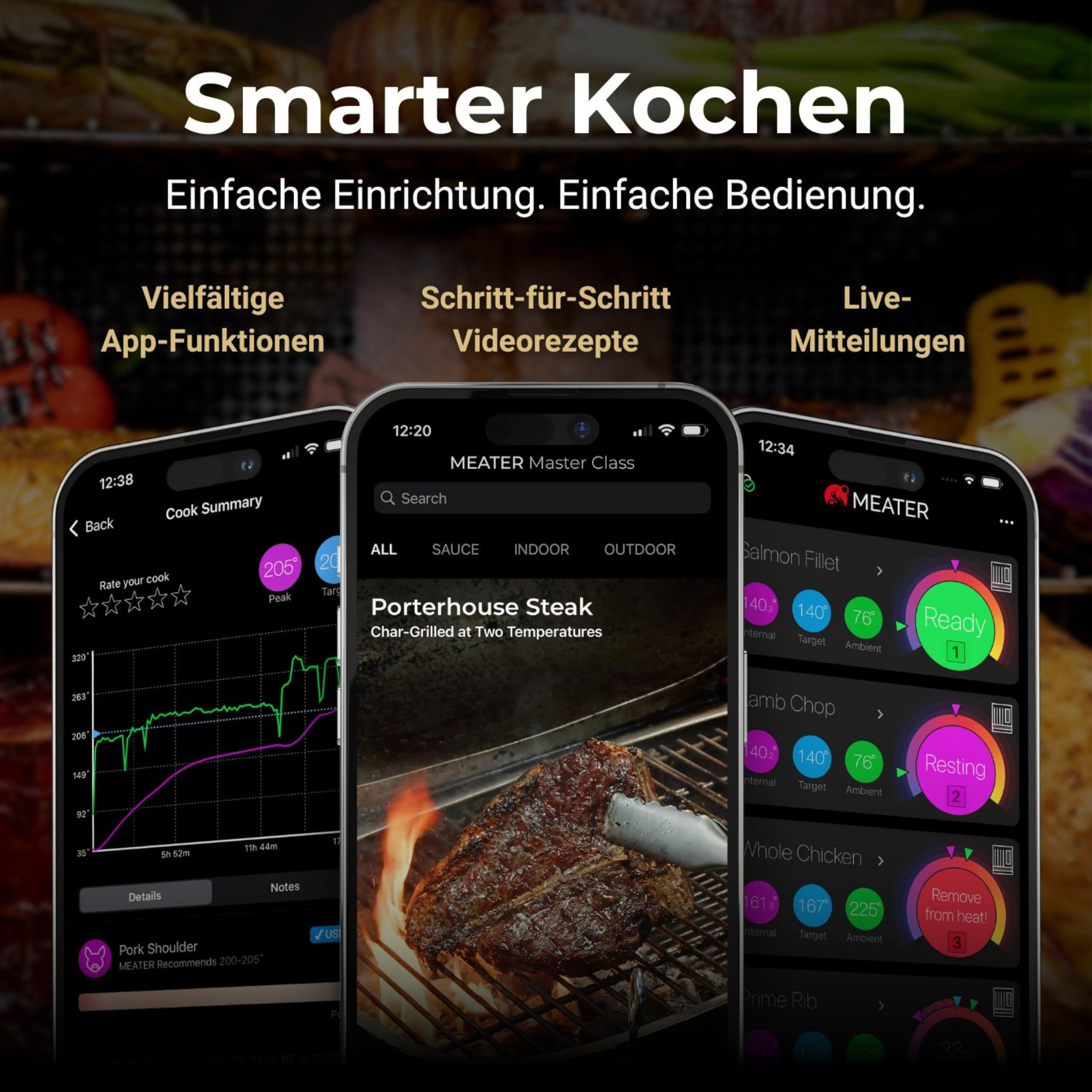 Drei Smartphones zeigen die MEATER-Grill-App mit Kochzusammenfassung, Rezepten und Live-Mitteilungen.