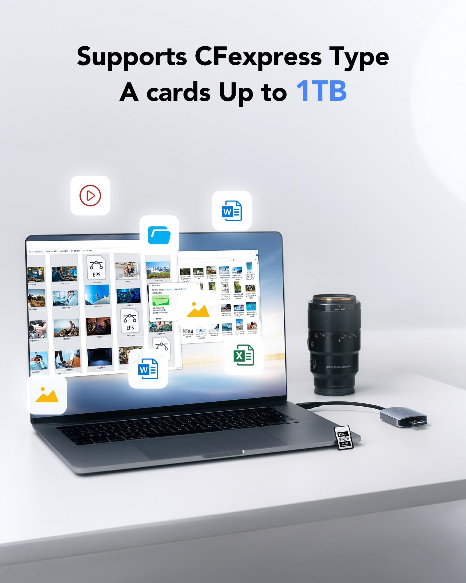 Laptop con finestre aperte, scheda di memoria e obiettivo su un tavolo bianco.