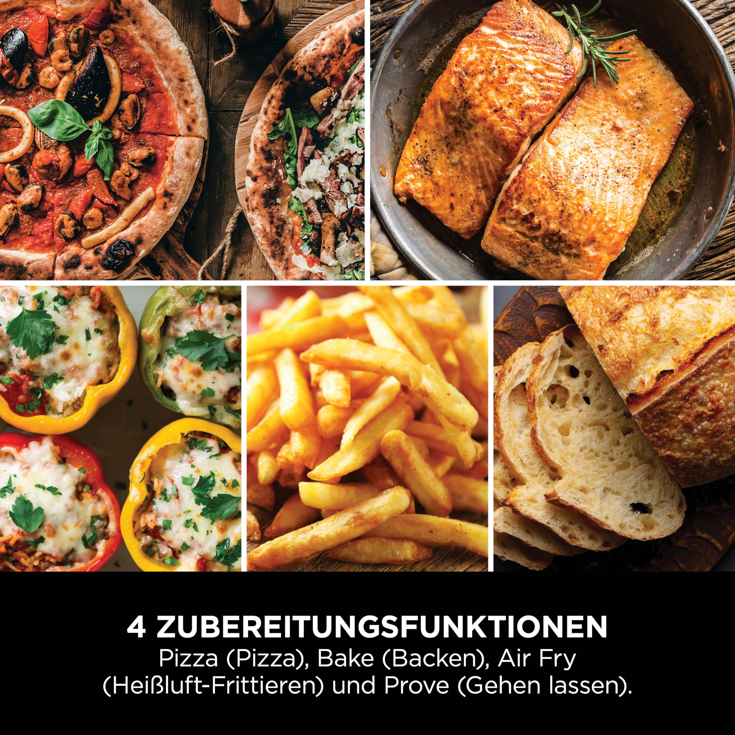 Divers plats comme la pizza, le saumon, les poivrons farcis, les frites et le pain illustrant les fonctions de cuisson.