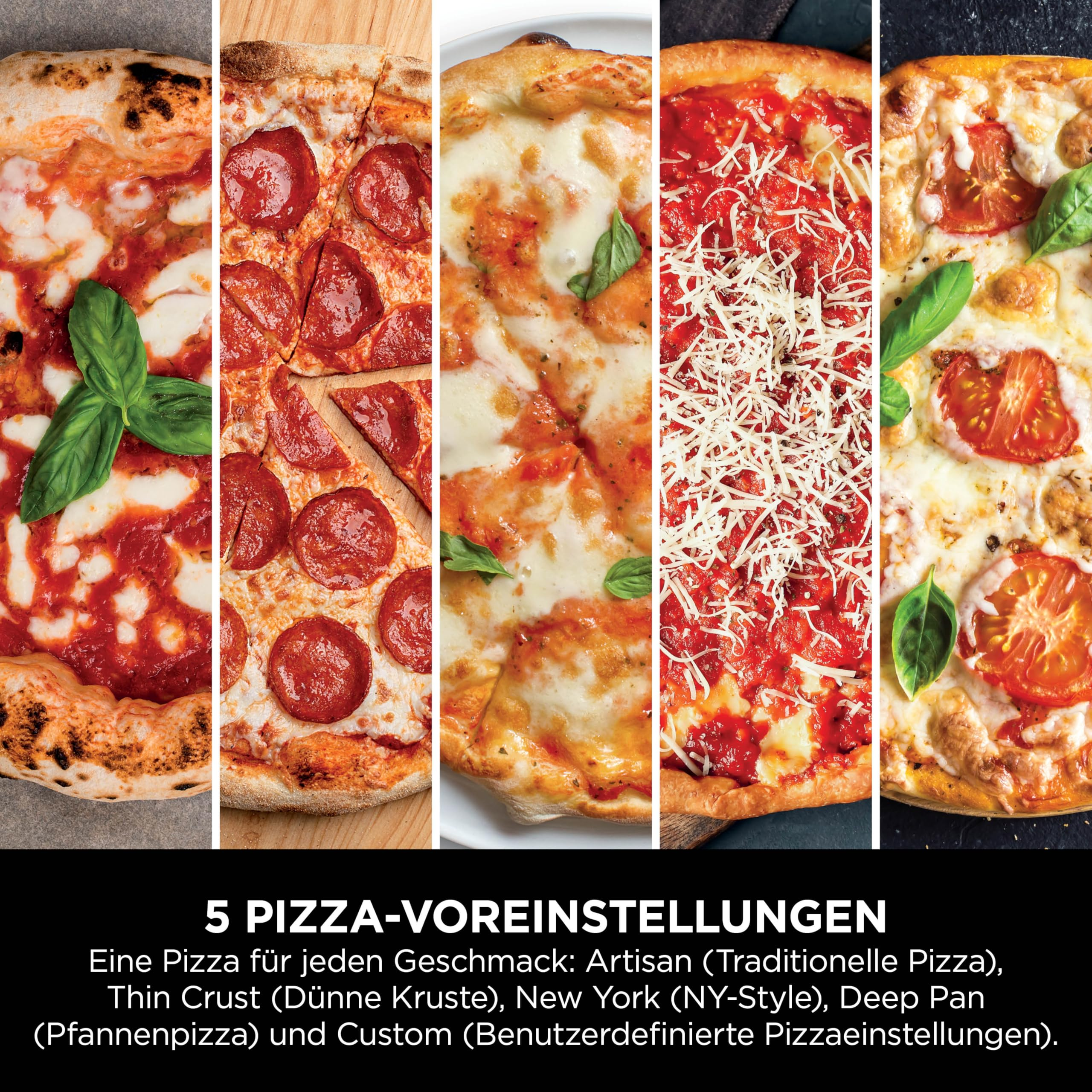 Cinq variétés de pizza différentes côte à côte avec du texte sur fond noir.