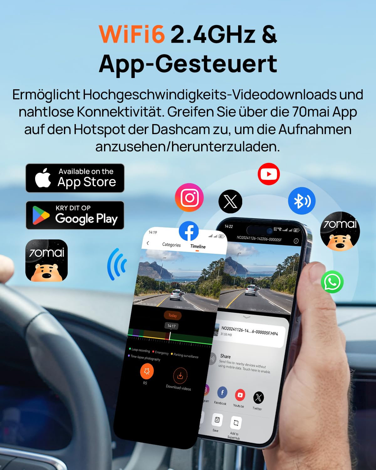 Eine Hand hält ein Smartphone mit einer Dashcam-App, umgeben von Social-Media- und App-Symbolen.