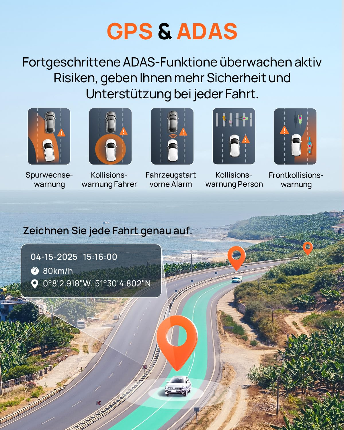GPS- und ADAS-Grafiken über einer Küstenstraße zeigen Spurhalte-, Kollisions- und Fußgängerwarnfunktionen.