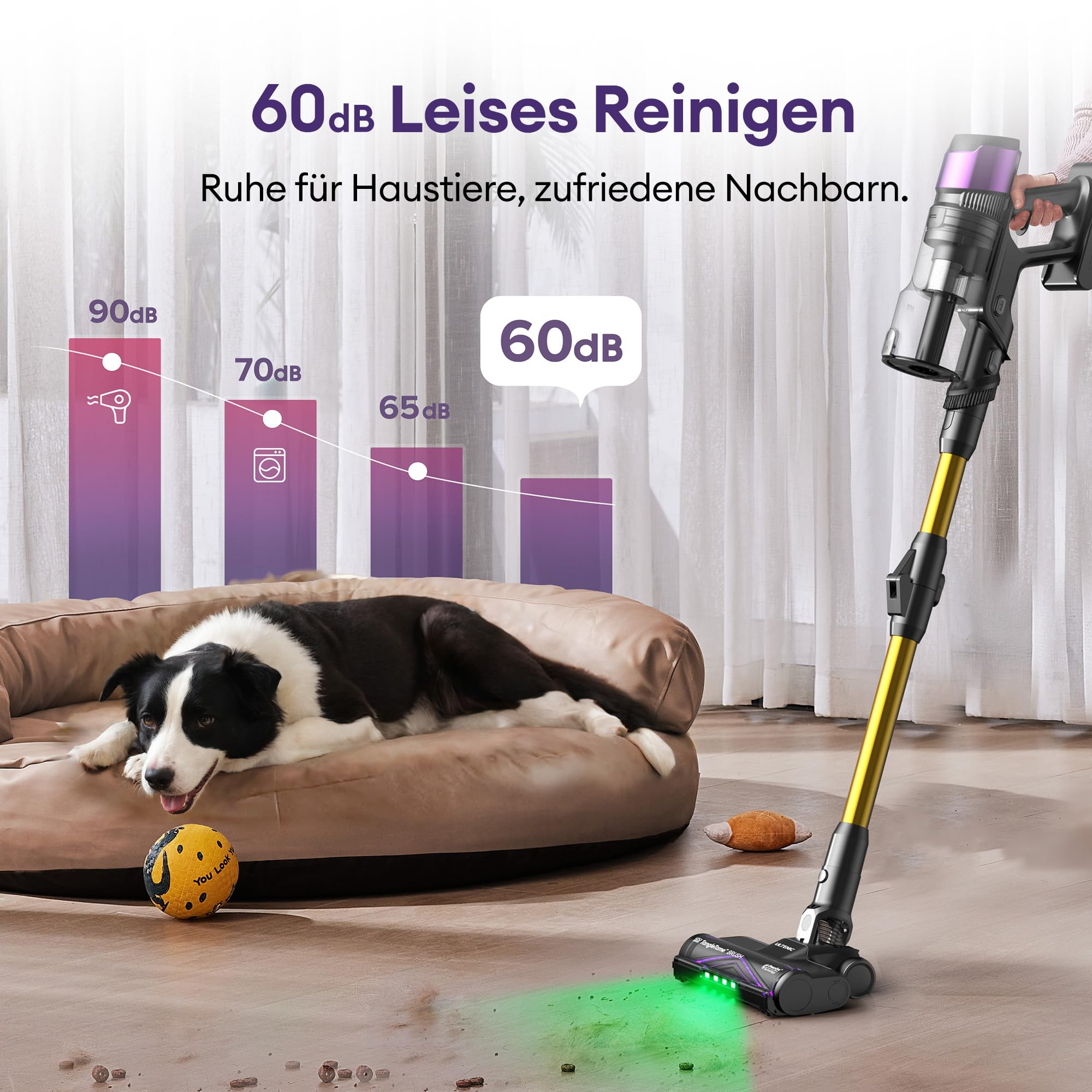 Un aspirateur sans fil nettoie silencieusement le sol à côté d'un chien qui se repose dans son panier.