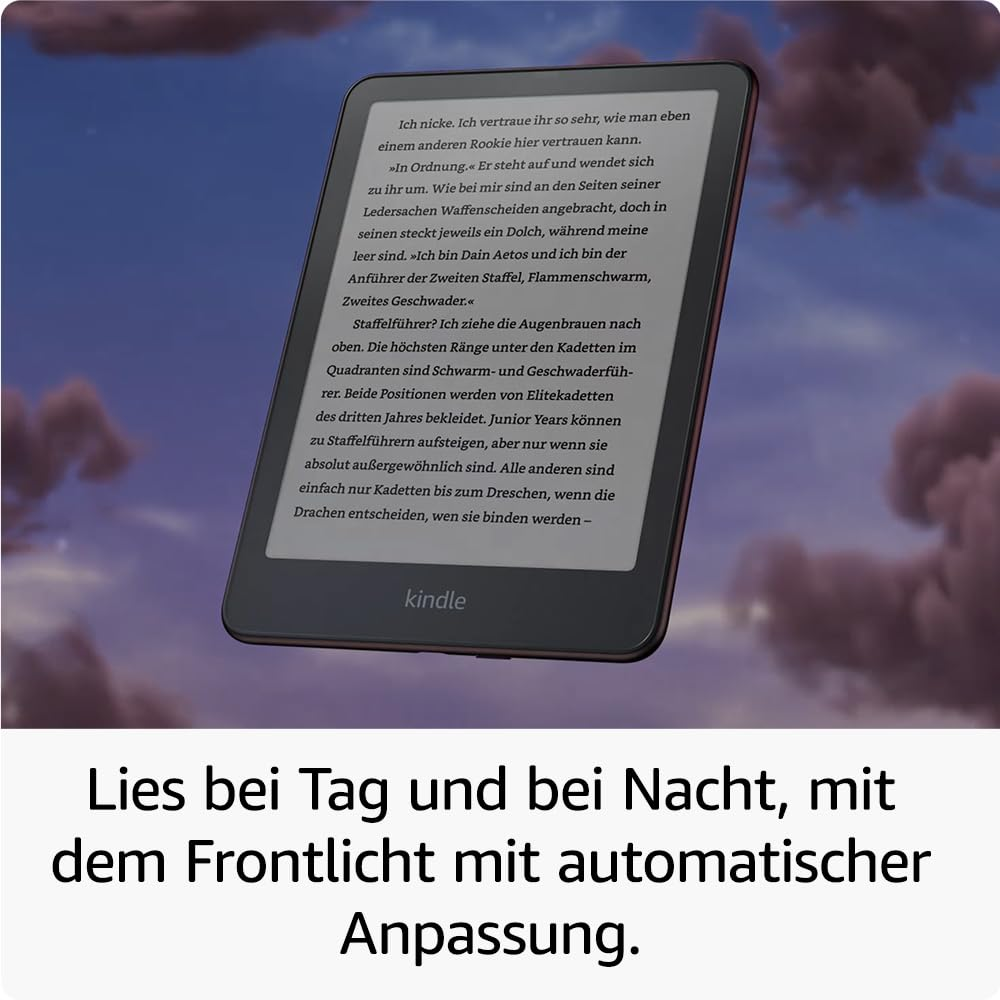 Une liseuse Kindle affiche du texte allemand sur un fond de nuages et de ciel.