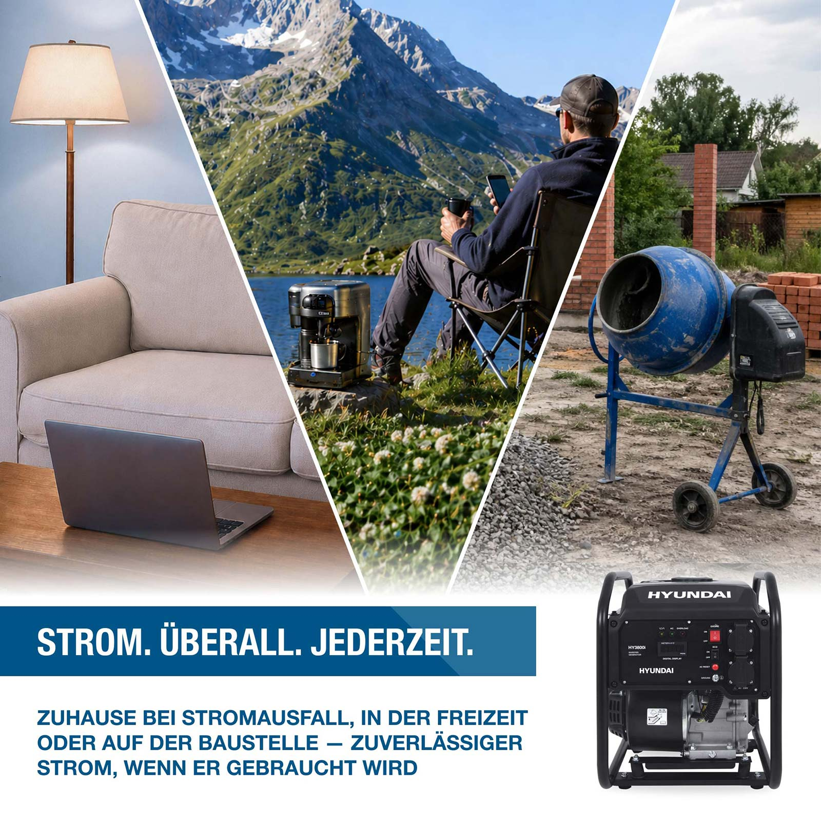 Eine Collage zeigt Stromerzeuger-Anwendungen zu Hause, beim Camping und auf der Baustelle.
