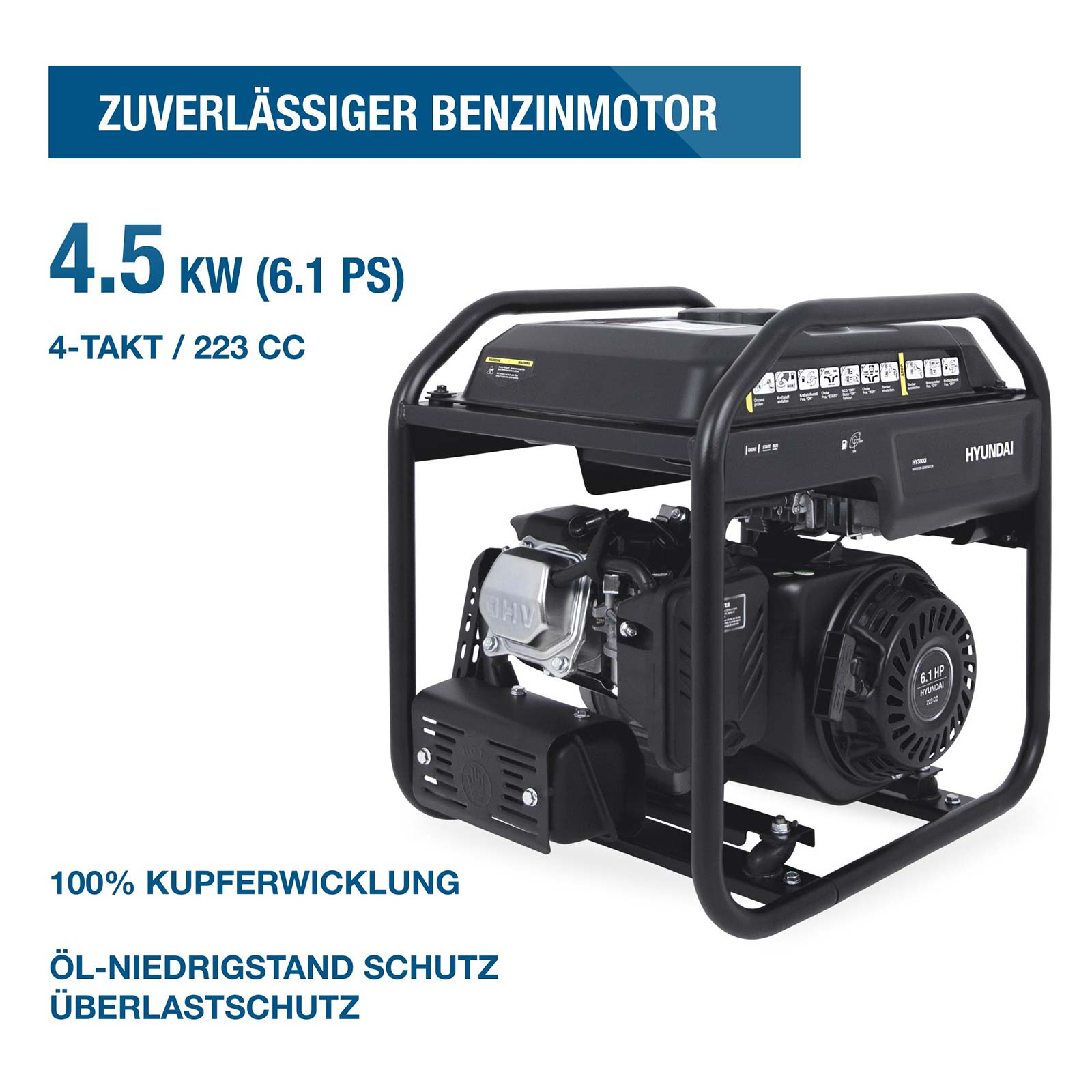Hyundai Benzin-Stromerzeuger 4,5 kW, 4-Takt, 223cc in einem schwarzen Stahlrahmen mit deutscher Textbeschriftung.